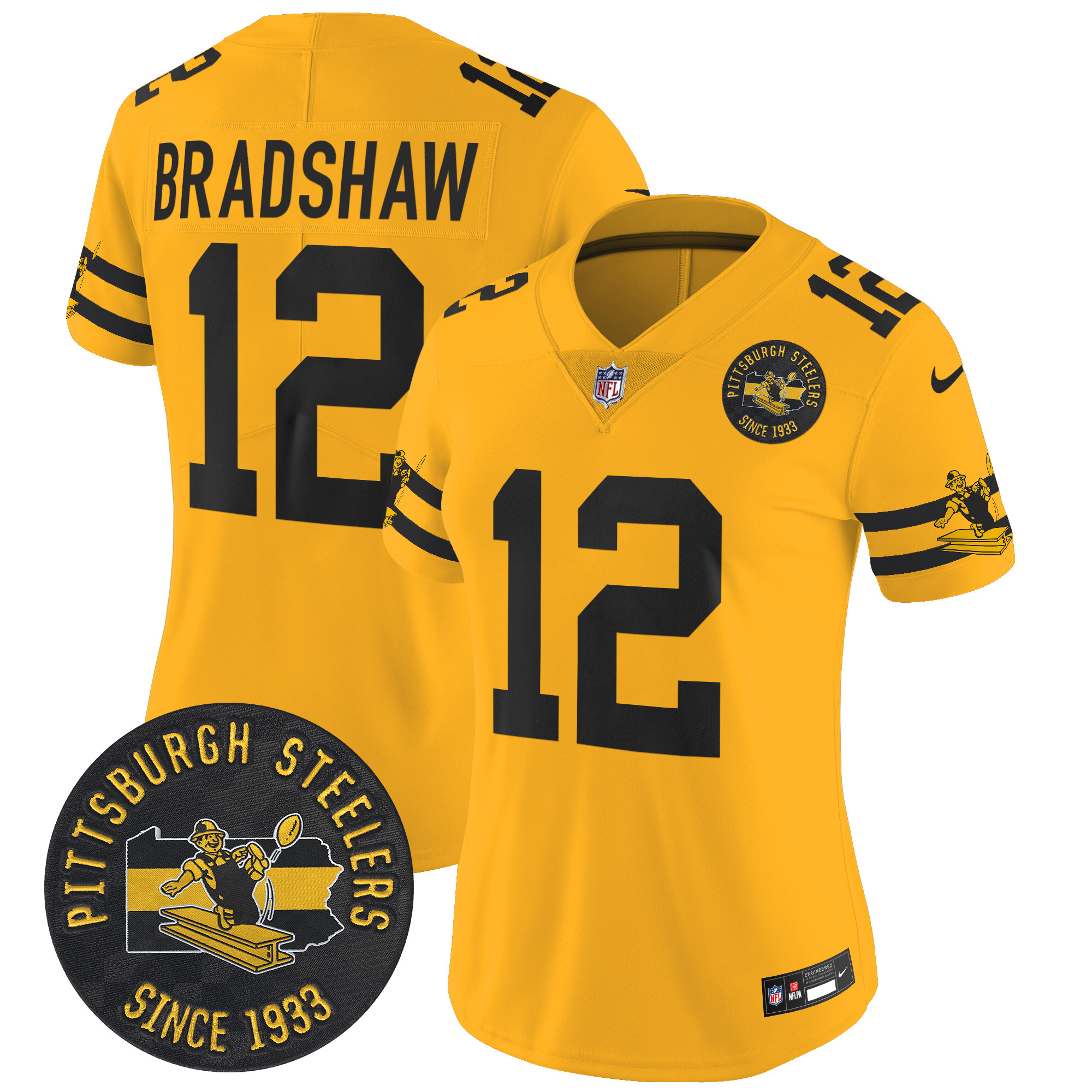 Women's Terry Bradshaw Pittsburgh Steelers Throwback 1933 Patch Vapor Limited Gold Jersey - All Stitched