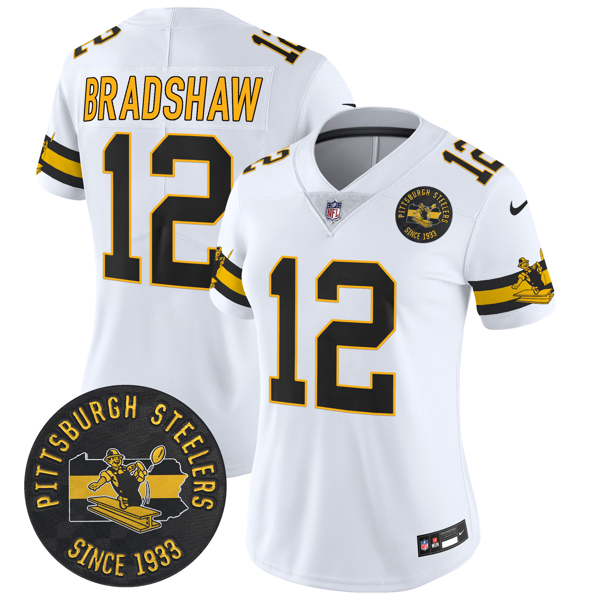 Women's Terry Bradshaw Pittsburgh Steelers Throwback 1933 Patch Vapor Limited White Jersey - All Stitched