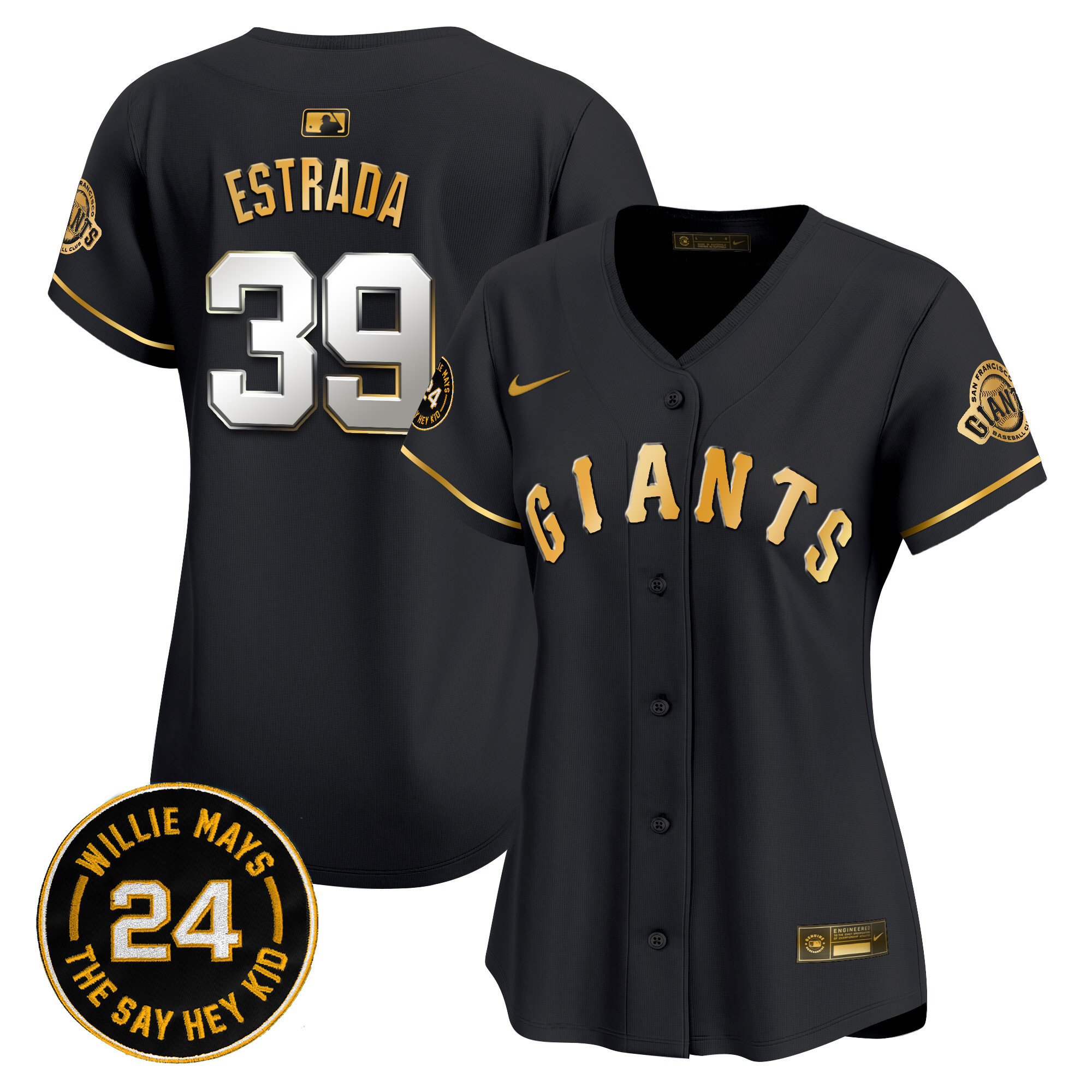 Women's Thairo Estrada San Francisco Giants 2024 Willie Mays Patch Vapor Premier Limited Black Gold Jersey - All Stitched