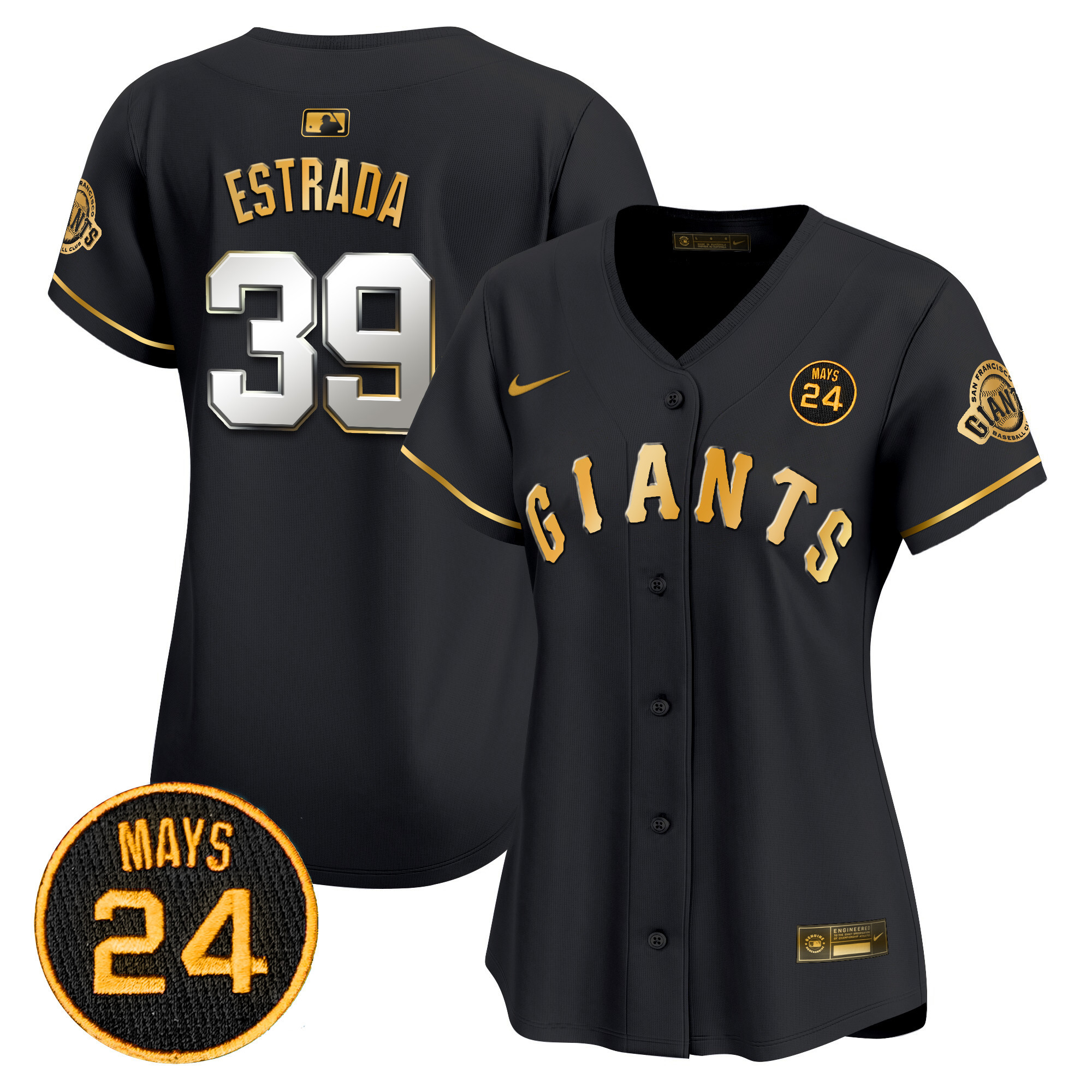 Women's Thairo Estrada San Francisco Giants 2024 Willie Mays Patch Vapor Premier Limited Black Gold Jersey V3 - All Stitched