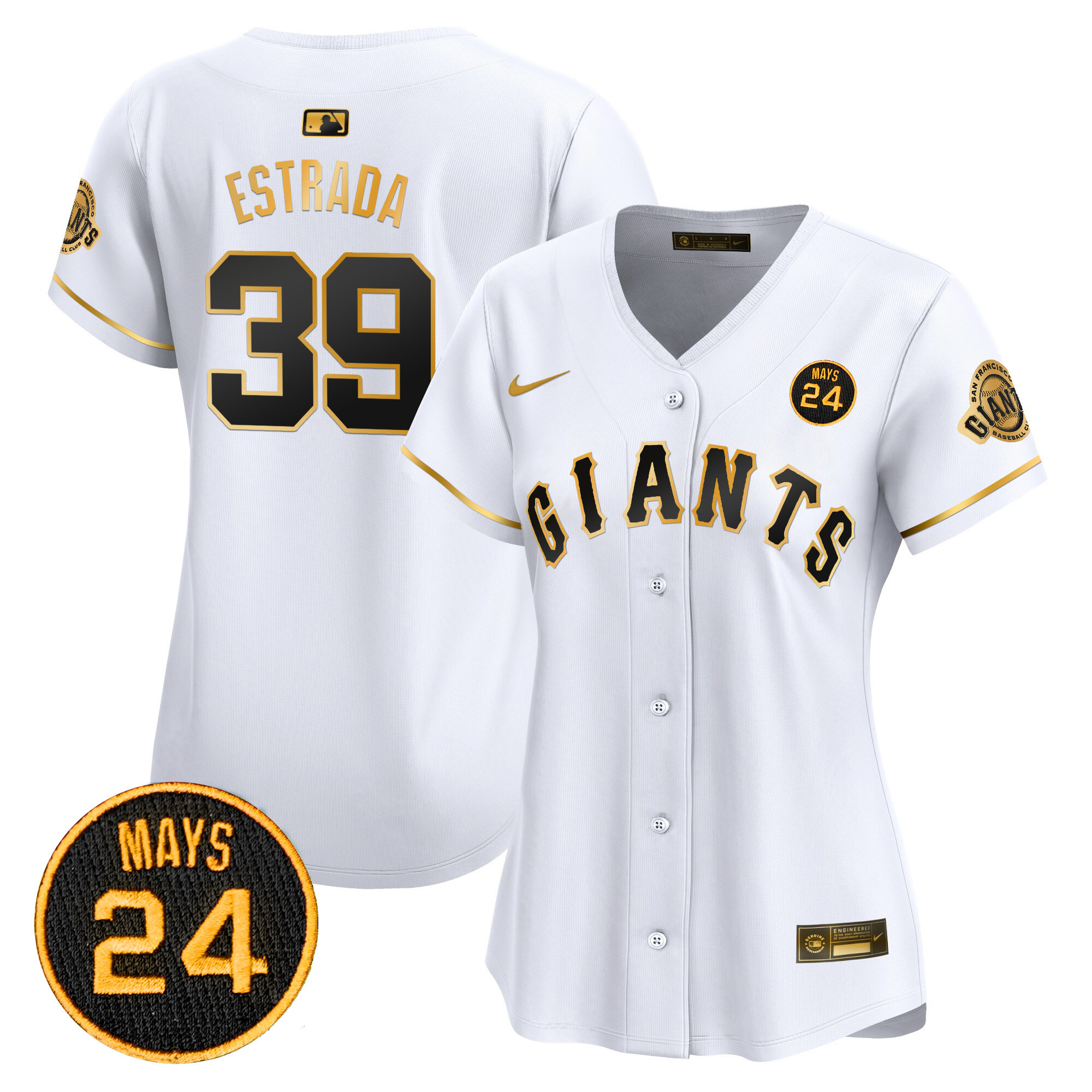 Women's Thairo Estrada San Francisco Giants 2024 Willie Mays Patch Vapor Premier Limited White Gold Jersey V3 - All Stitched
