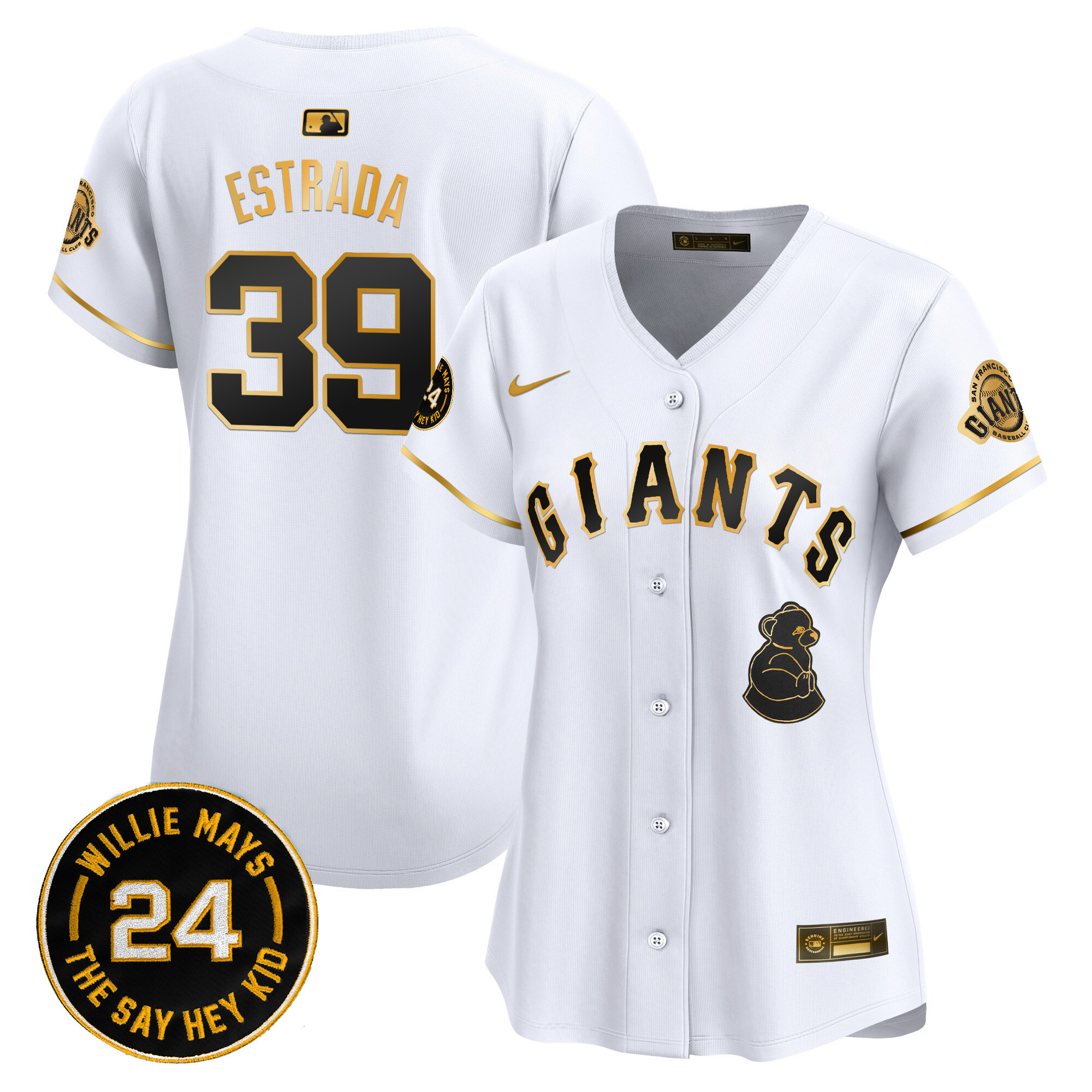 Women's Thairo Estrada San Francisco Giants 2024 Willie Mays Patch Vapor Premier Limited White Gold Jersey V4 - All Stitched
