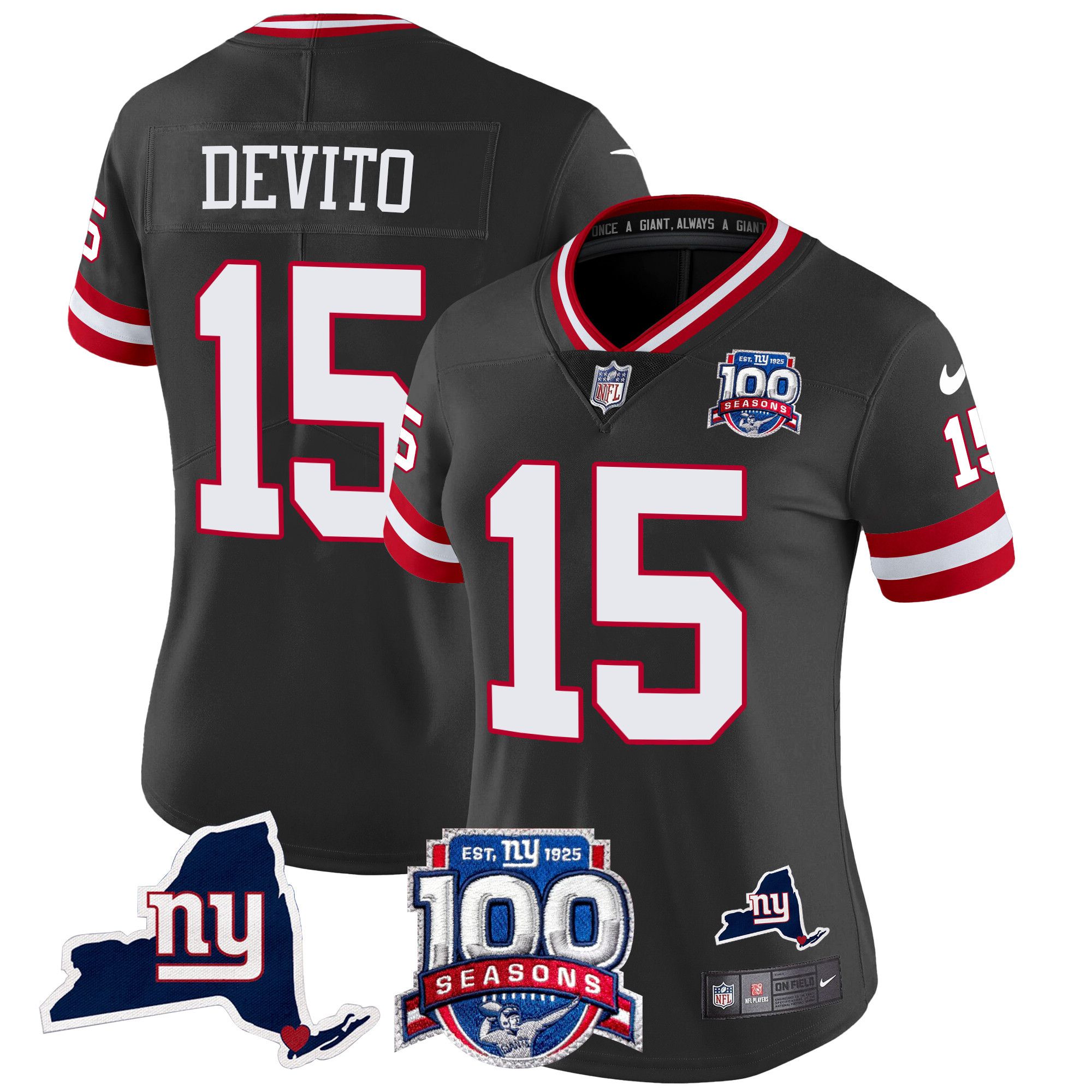 Women's Tommy DeVito New York Giants 100th Season & State Patch Vapor Limited Black Jersey - All Stitched