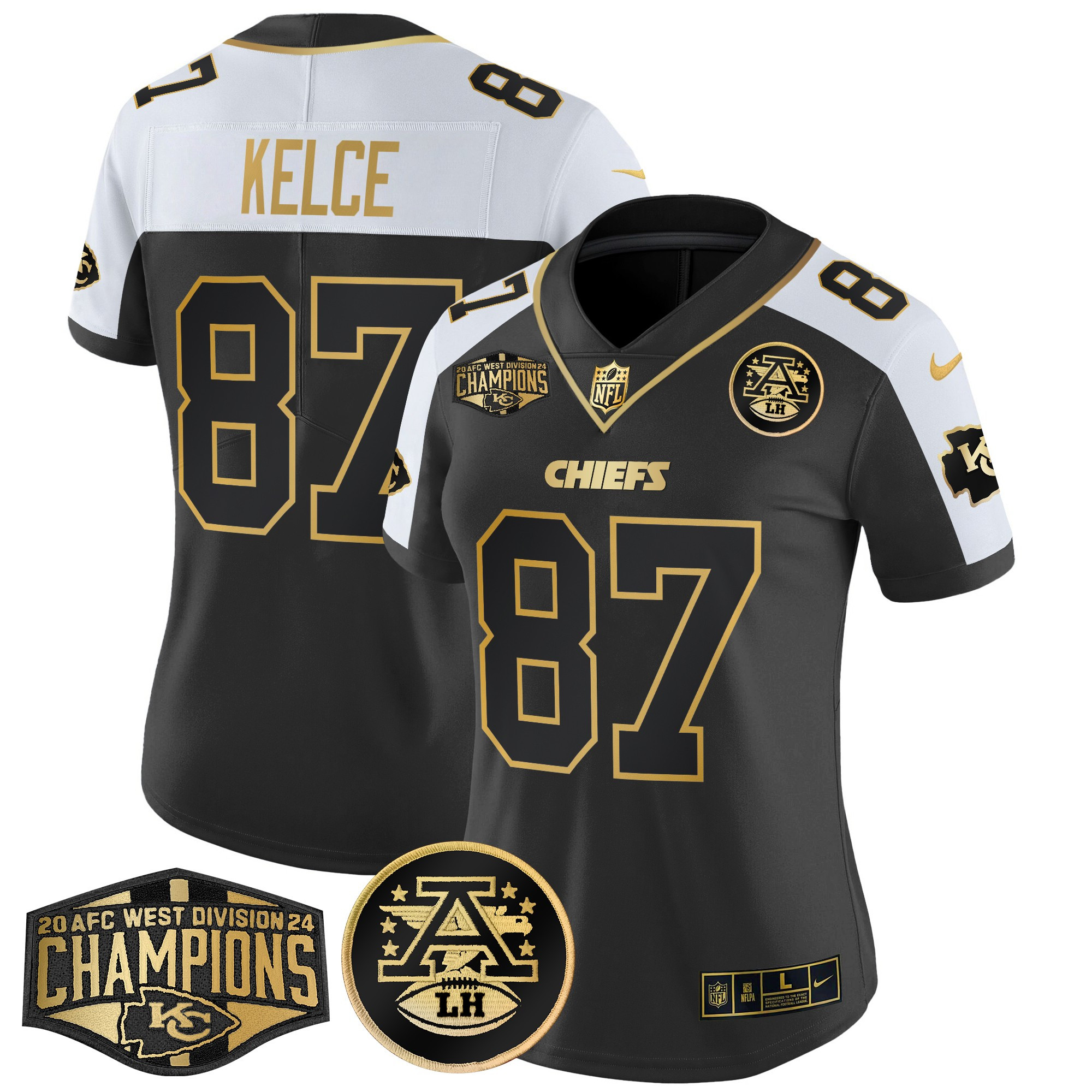 Women's Travis Kelce Kansas City Chiefs 2024 AFC West Division Champions Patch Gold Vapor Limited Alternate Jersey - All Stitched