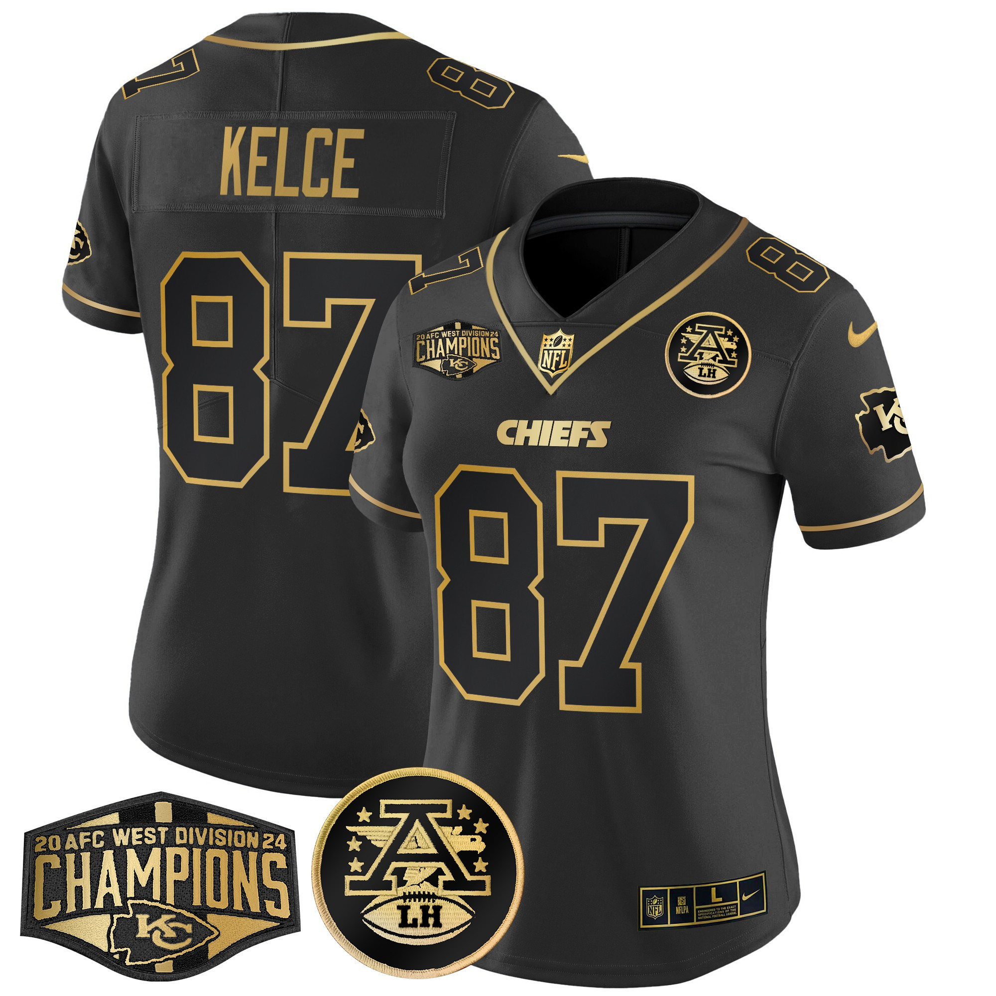 Women's Travis Kelce Kansas City Chiefs 2024 AFC West Division Champions Patch Gold Vapor Limited Black Gold Jersey - All Stitched