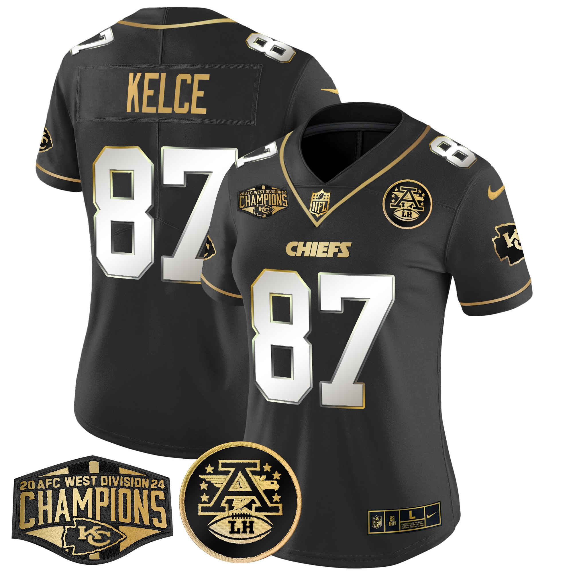 Women's Travis Kelce Kansas City Chiefs 2024 AFC West Division Champions Patch Gold Vapor Limited Black Limited Jersey - All Stitched