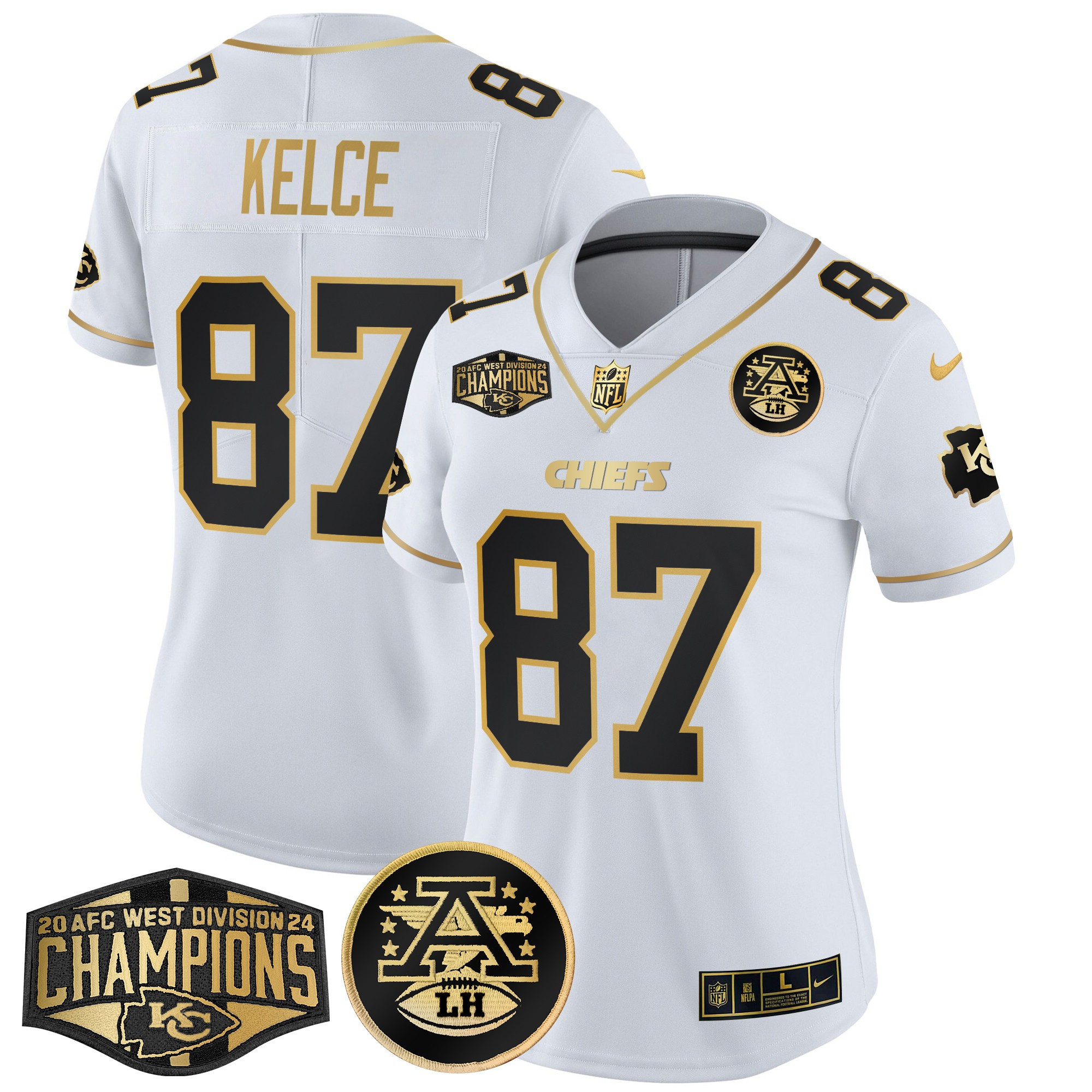 Women's Travis Kelce Kansas City Chiefs 2024 AFC West Division Champions Patch Gold Vapor Limited White Gold Jersey - All Stitched