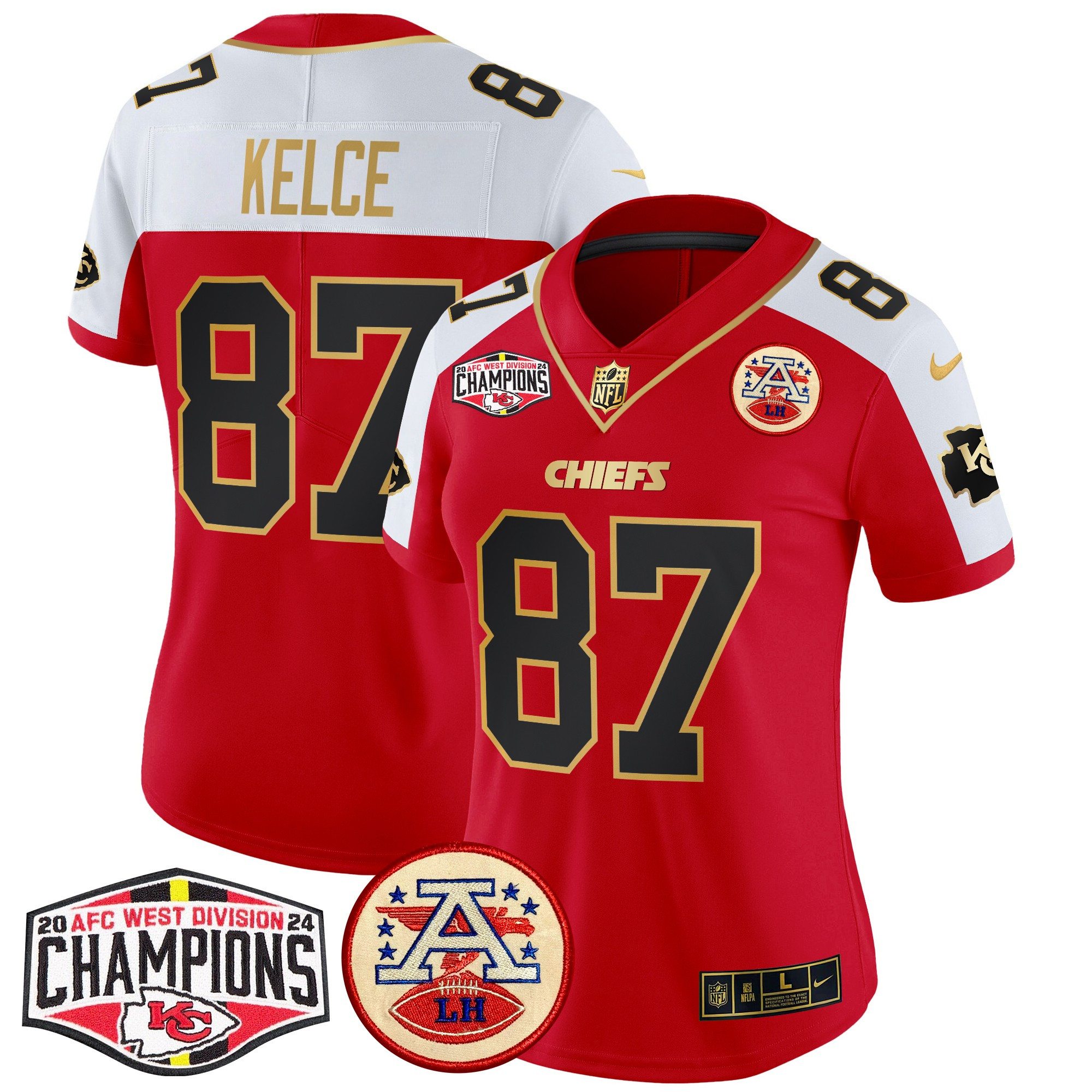 Women's Travis Kelce Kansas City Chiefs 2024 AFC West Division Champions Patch Vapor Limited Red Alternate Jersey - All Stitched
