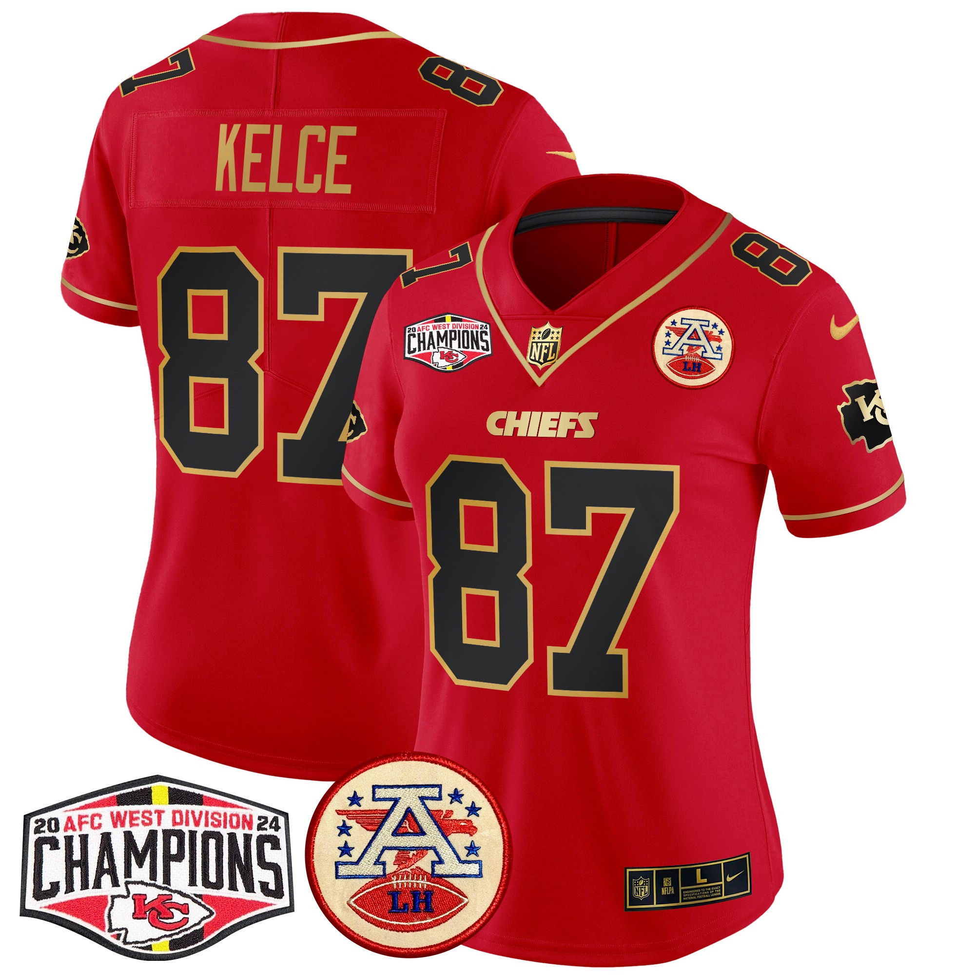 Women's Travis Kelce Kansas City Chiefs 2024 AFC West Division Champions Patch Vapor Limited Red Special Jersey - All Stitched