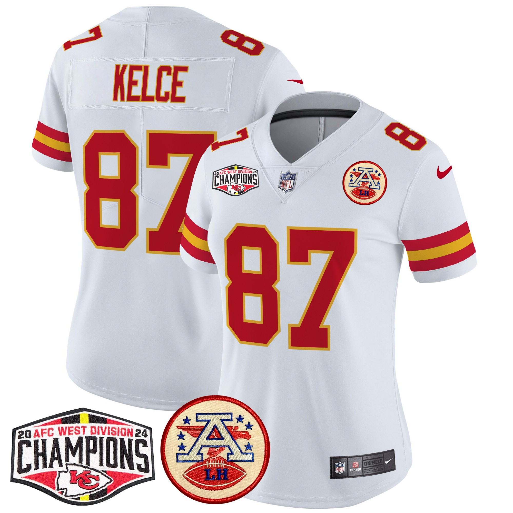 Women's Travis Kelce Kansas City Chiefs 2024 AFC West Division Champions Patch Vapor Limited White Jersey - All Stitched