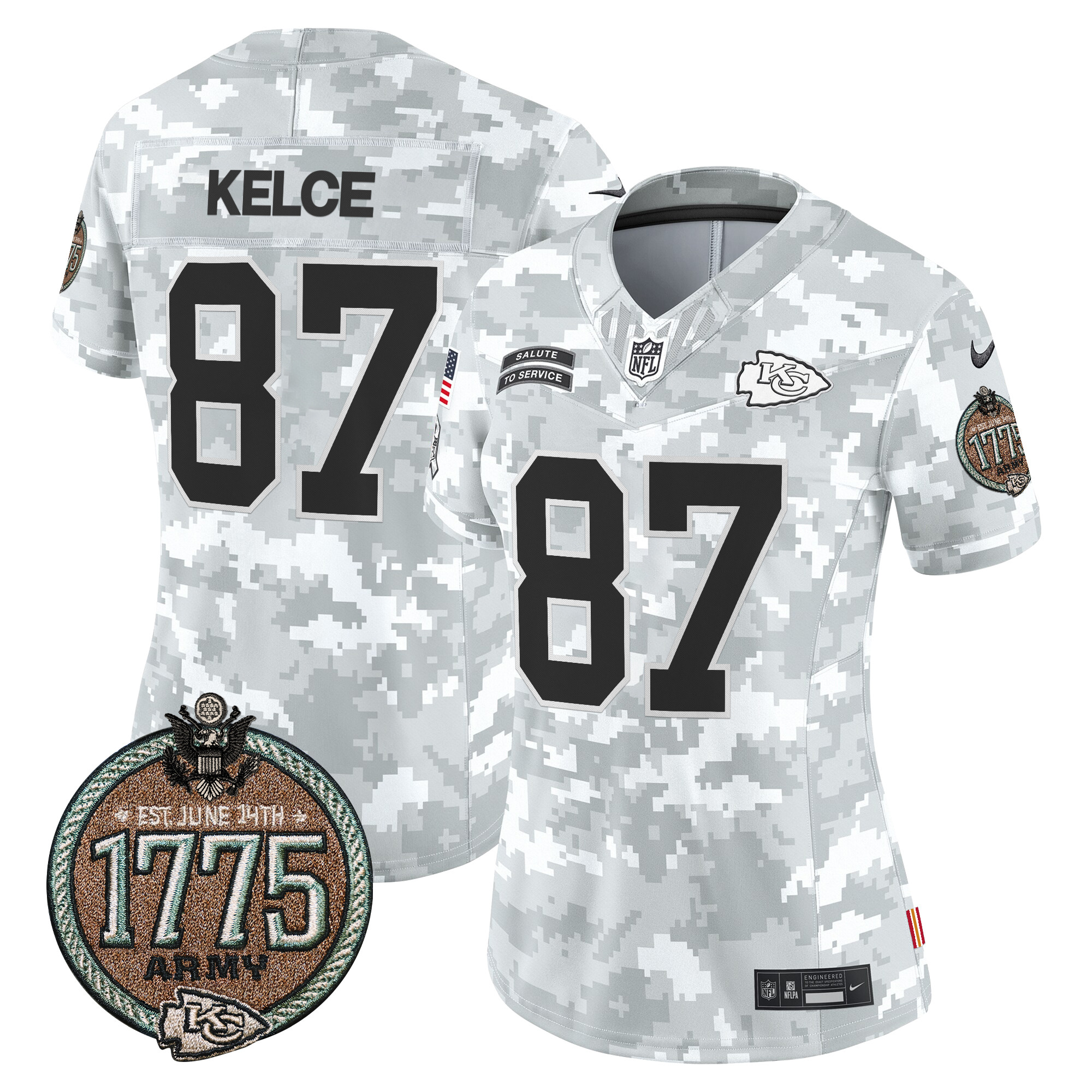 Women's Travis Kelce Kansas City Chiefs 2024 Salute to Service Establishment Year Patch Vapor Limited Army Jersey - All Stitched