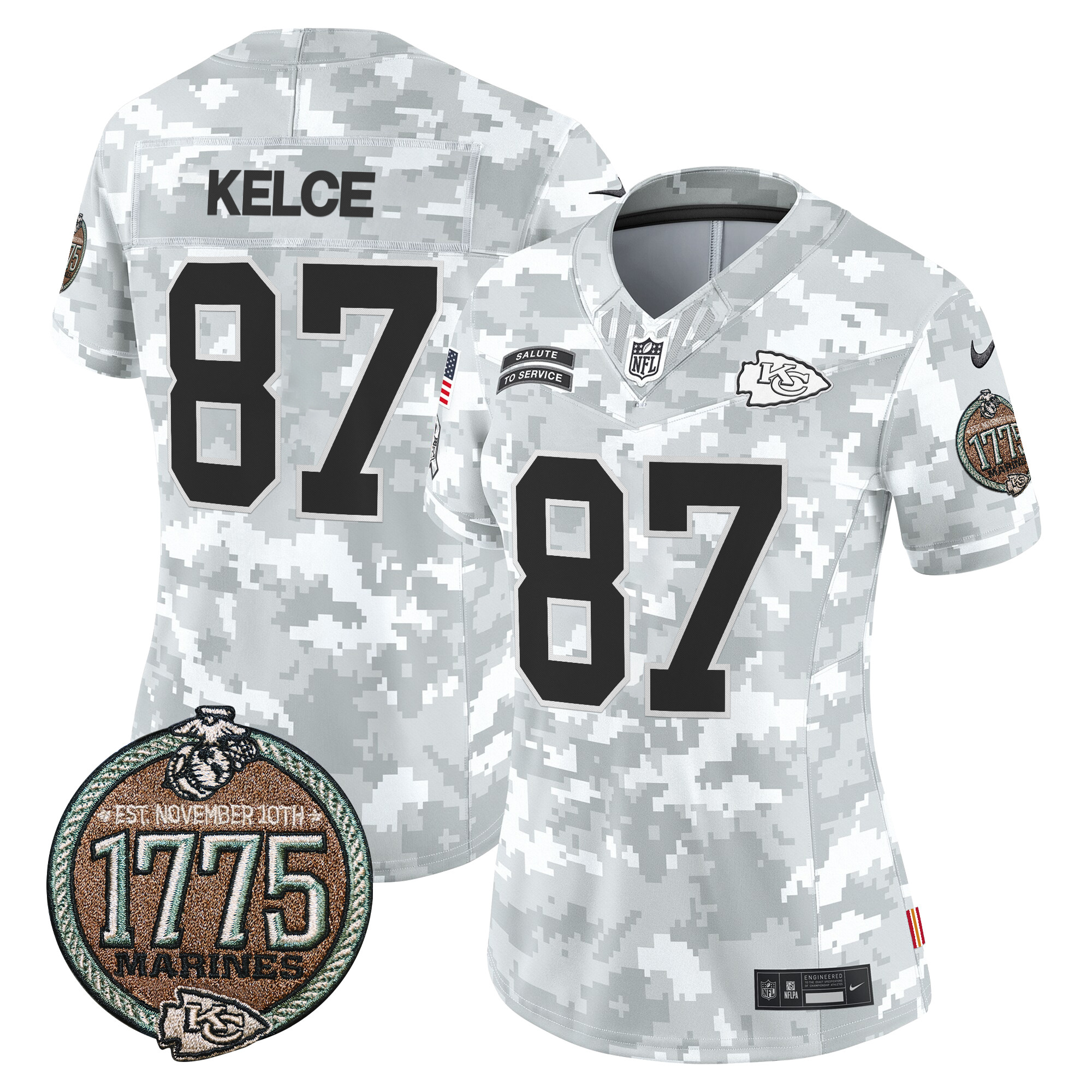 Women's Travis Kelce Kansas City Chiefs 2024 Salute to Service Establishment Year Patch Vapor Limited Marines Jersey - All Stitched
