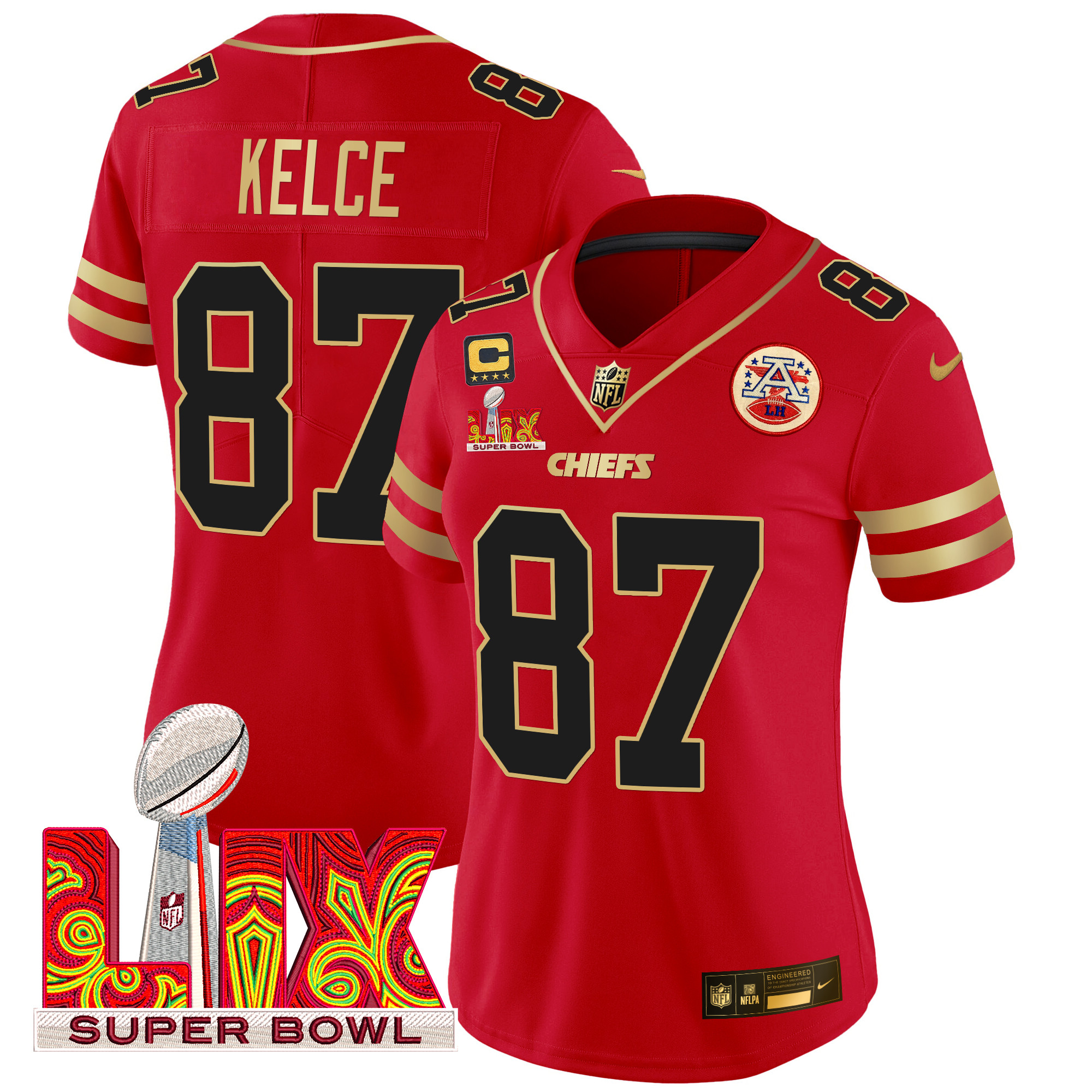Women's Travis Kelce Kansas City Chiefs Super Bowl LIX Patch Gold Trim Vapor Limited Red Jersey - All Stitched
