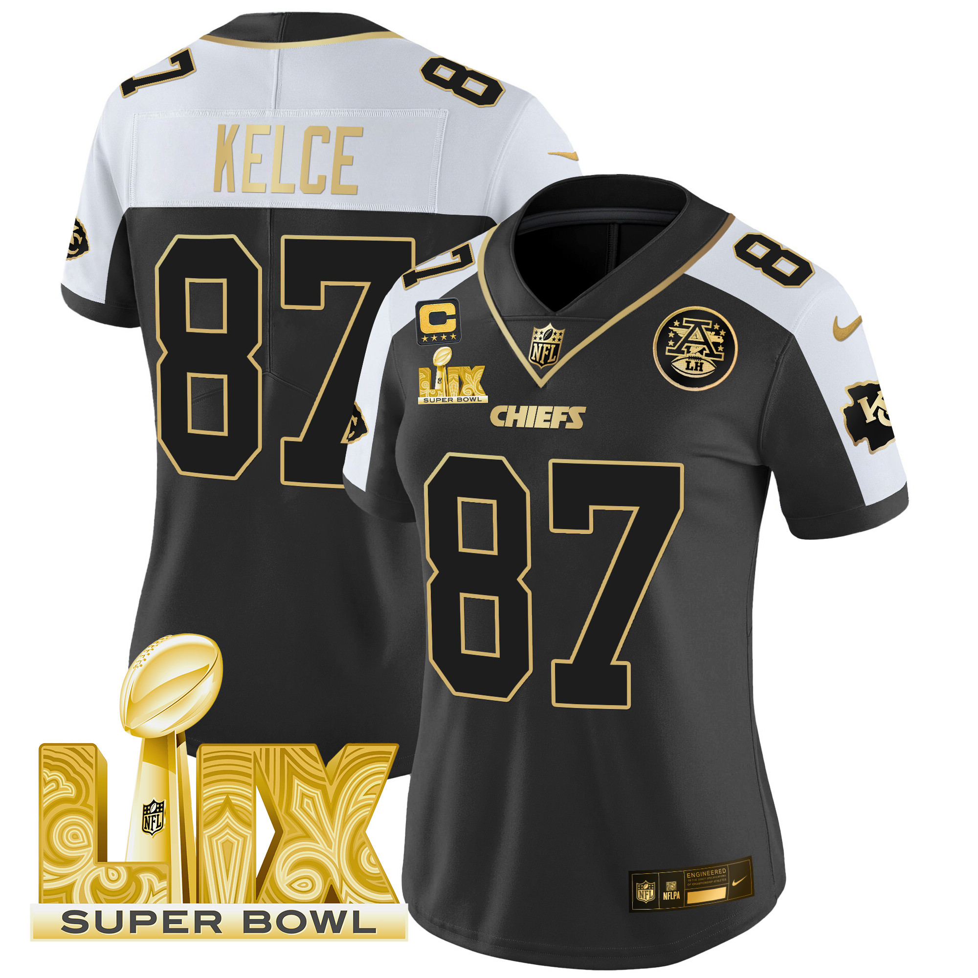 Women's Travis Kelce Kansas City Chiefs Super Bowl LIX Patch Gold Vapor Limited Alternate Jersey - All Stitched