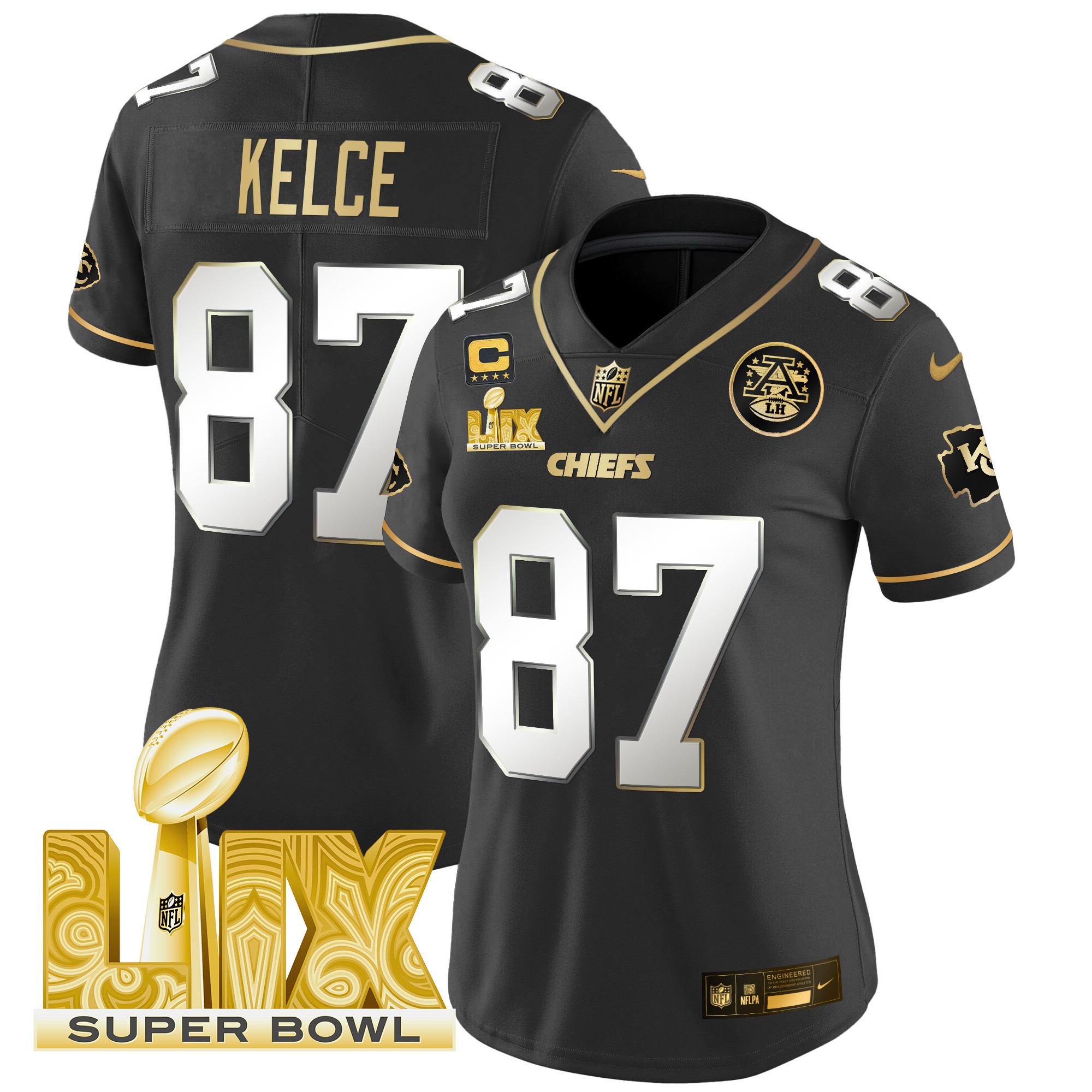 Women's Travis Kelce Kansas City Chiefs Super Bowl LIX Patch Gold Vapor Limited Black Limited Jersey - All Stitched