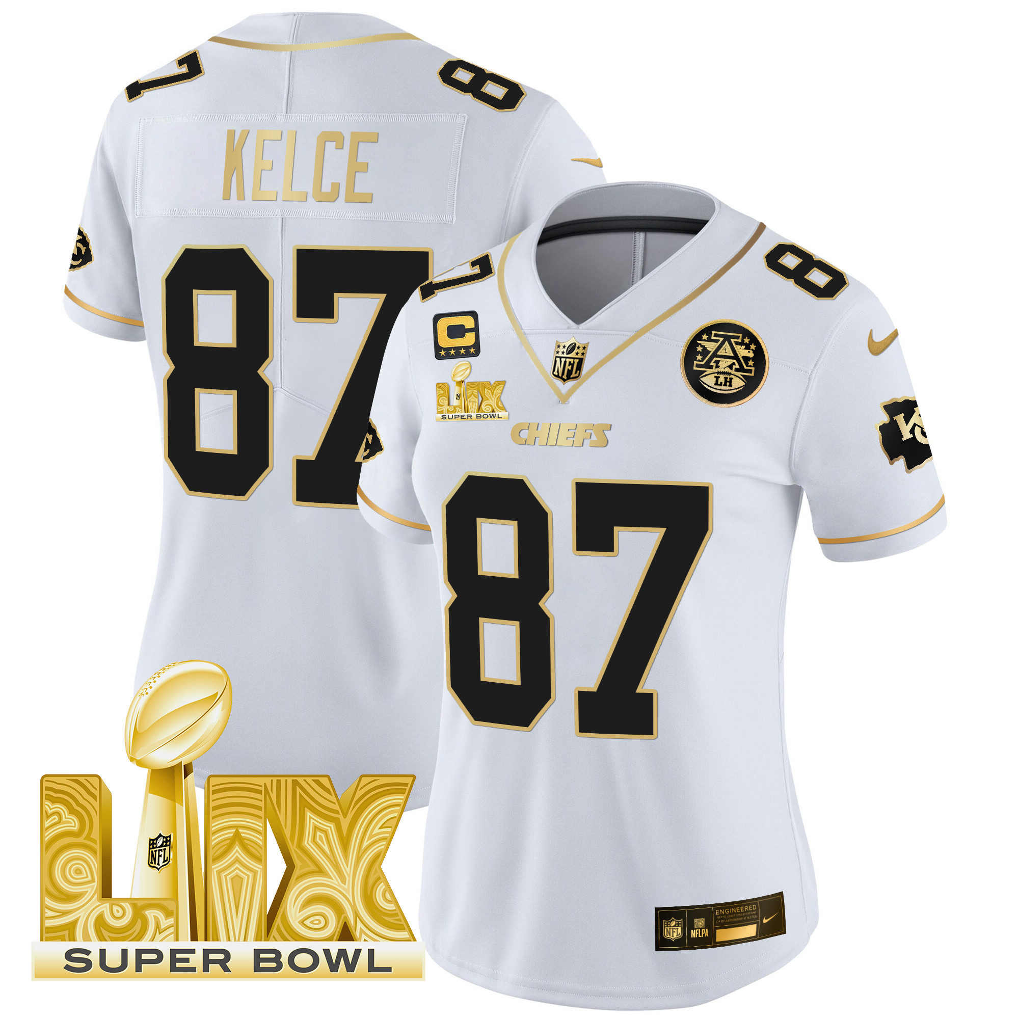 Women's Travis Kelce Kansas City Chiefs Super Bowl LIX Patch Gold Vapor Limited White Gold Jersey - All Stitched