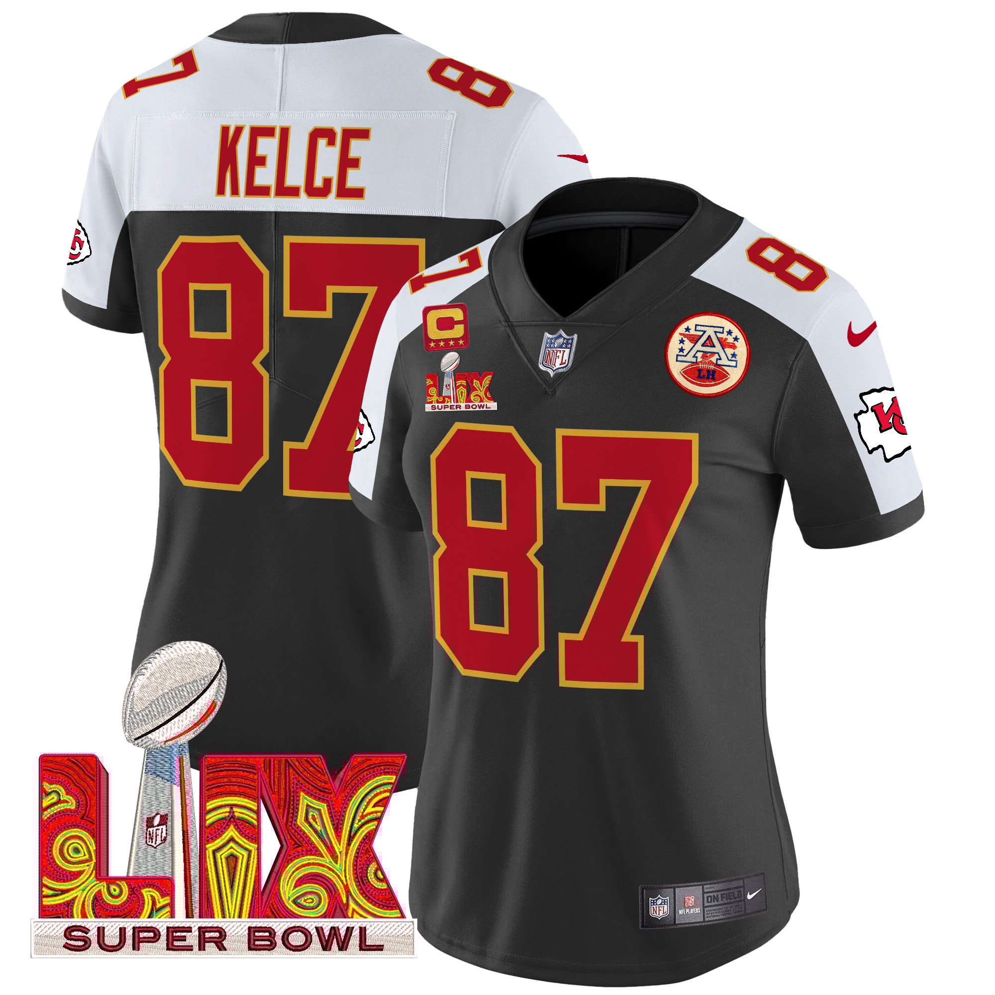 Women's Travis Kelce Kansas City Chiefs Super Bowl LIX Patch Vapor Limited Black Alternate Jersey - All Stitched