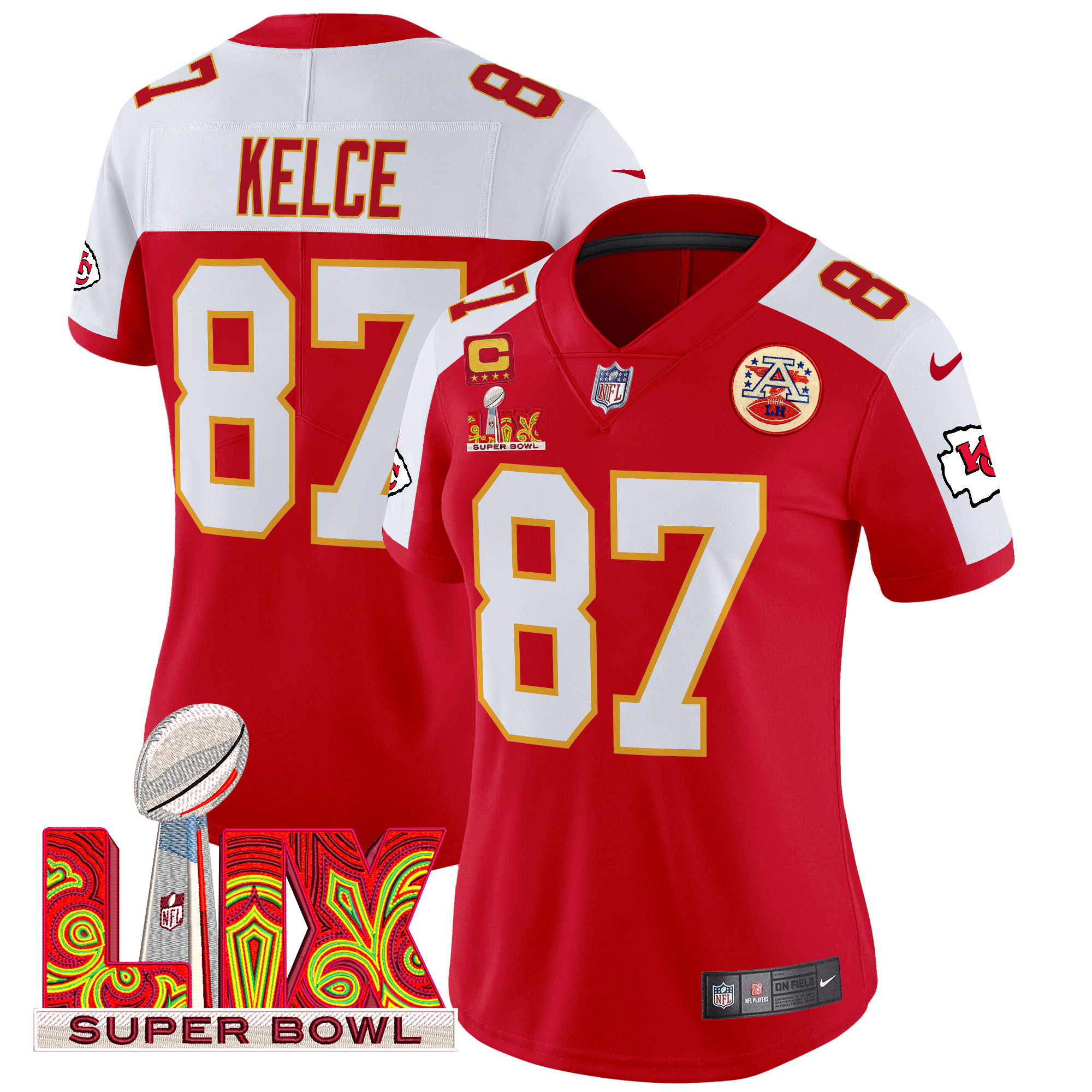 Women's Travis Kelce Kansas City Chiefs Super Bowl LIX Patch Vapor Limited Red Alternate Jersey - All Stitched