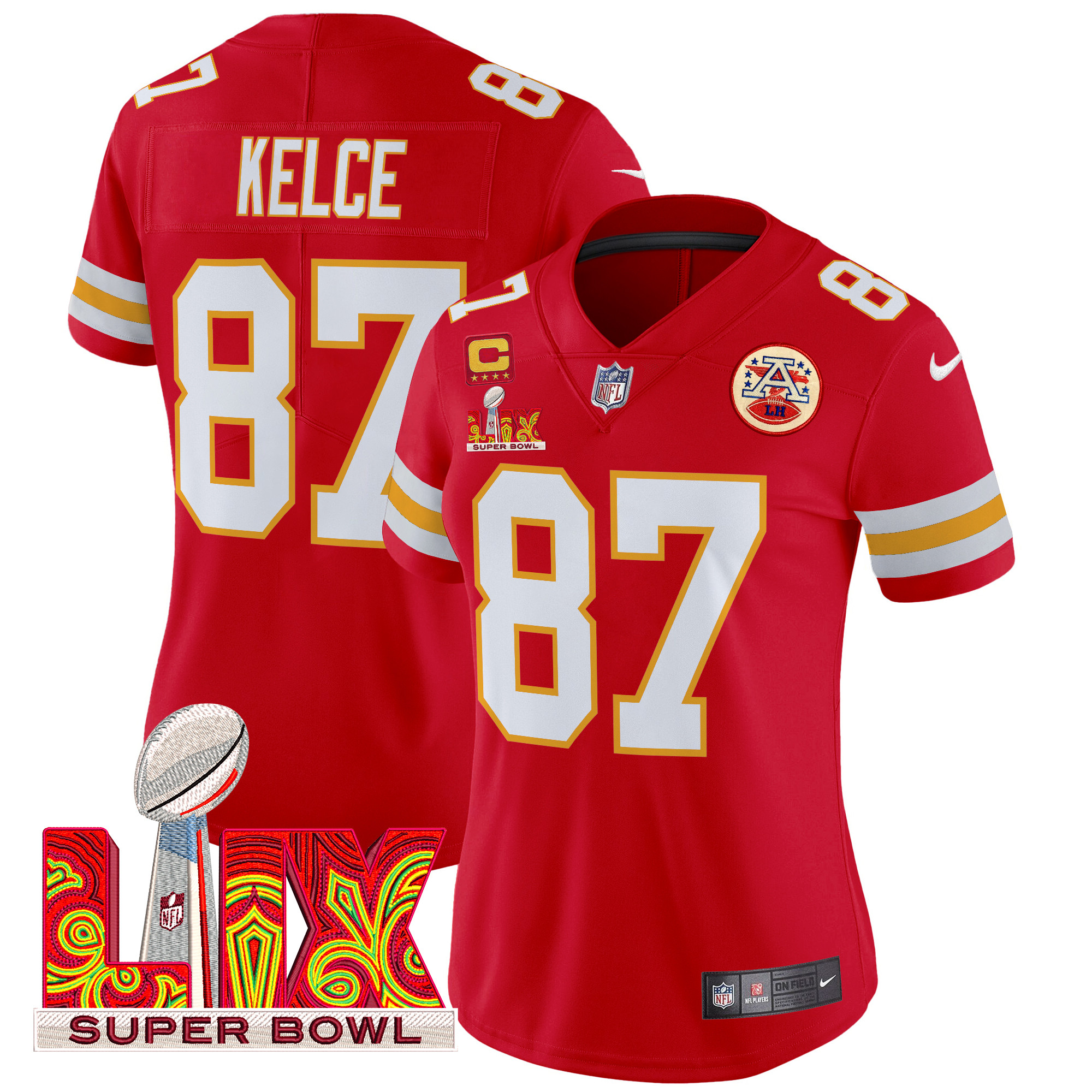Women's Travis Kelce Kansas City Chiefs Super Bowl LIX Patch Vapor Limited Red Jersey - All Stitched