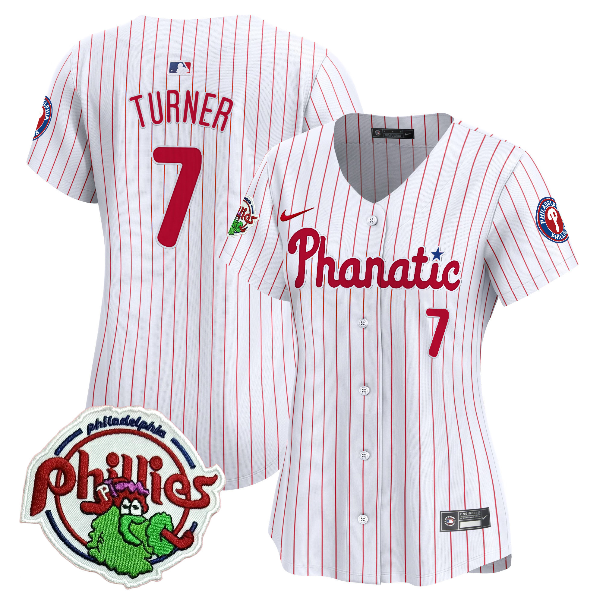 Women's Trea Turner Philadelphia Phillies Phanatic Patch Vapor Premier Limited White Pinstripe Jersey - All Stitched
