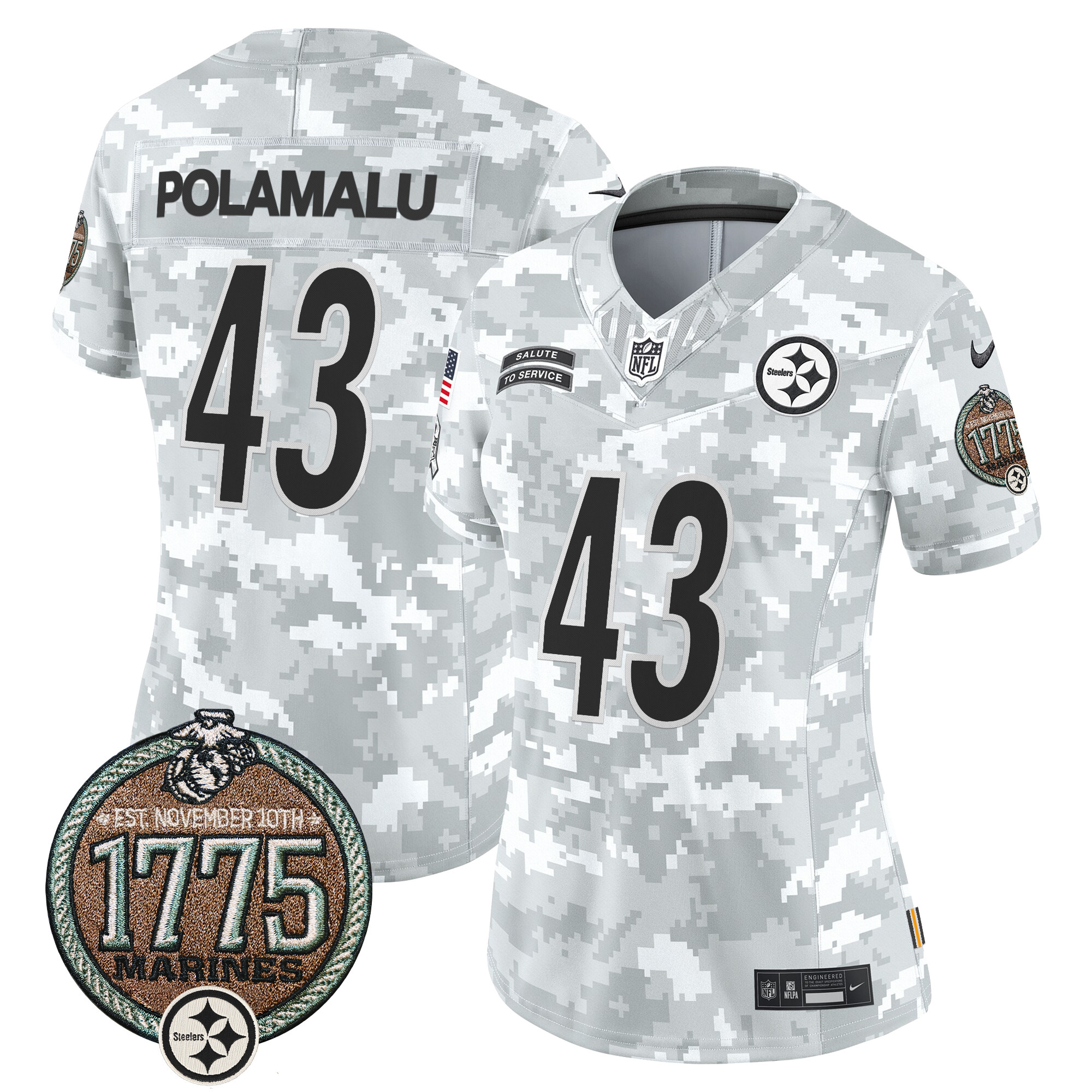 Women's Troy Polamalu Pittsburgh Steelers 2024 Salute to Service Establishment Year Patch Vapor Limited Marines Jersey - All Stitched