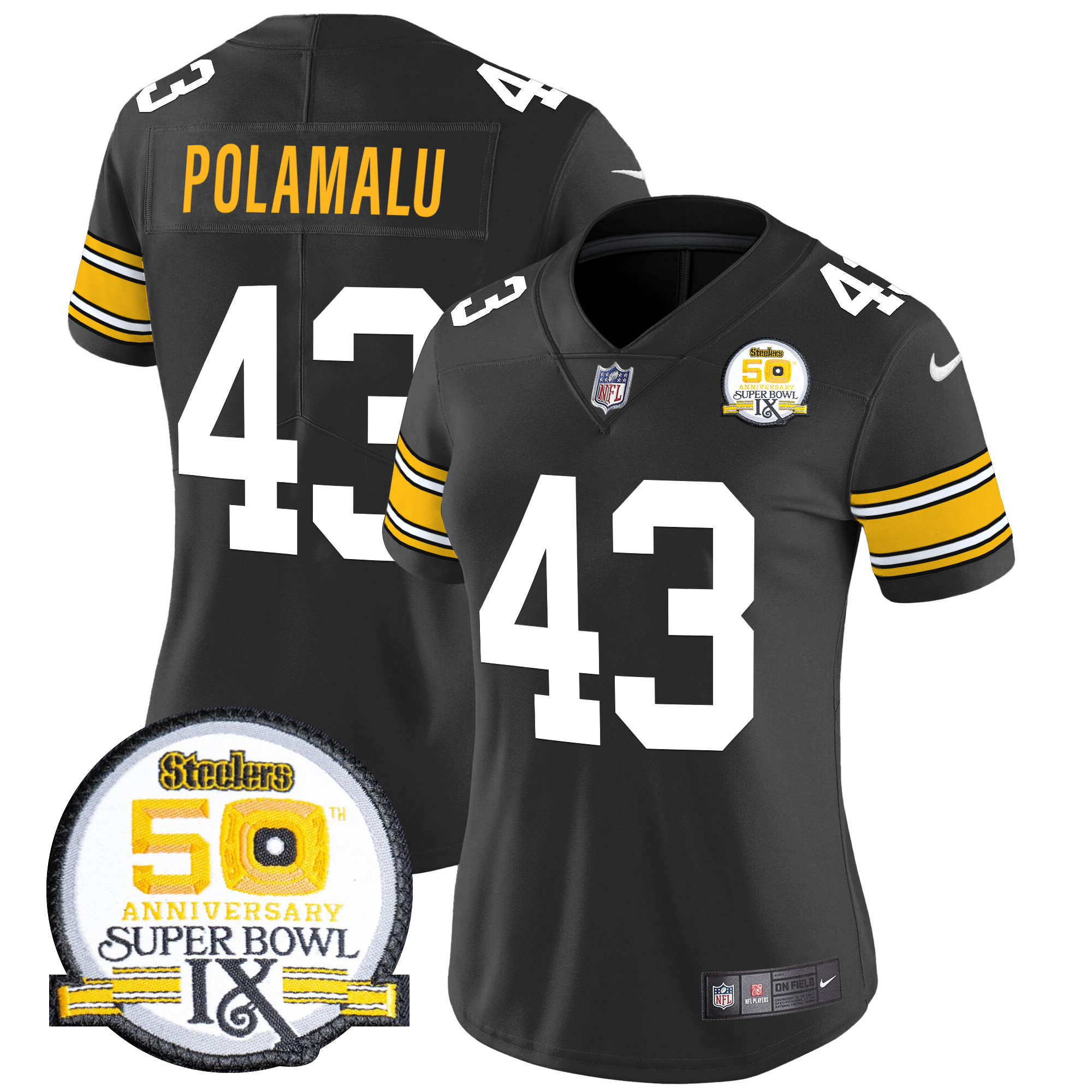 Women's Troy Polamalu Pittsburgh Steelers 50th Anniversary Of Super Bowl IX Patch Vapor Limited 1975 Throwback Jersey - All Stitched