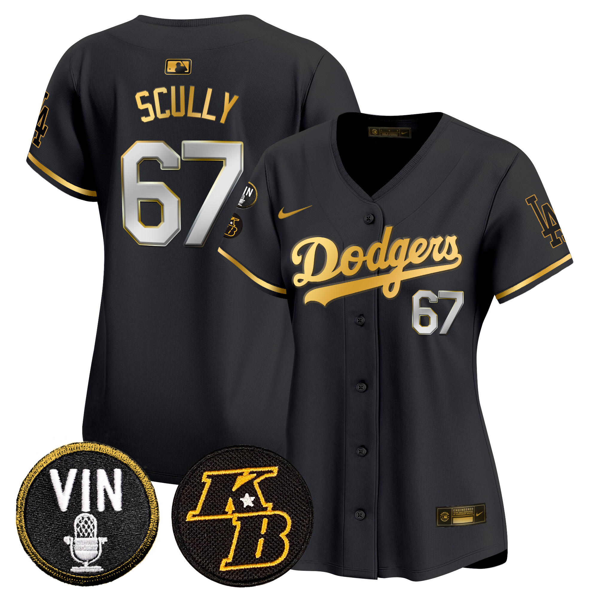 Women's Vin Scully Los Angeles Dodgers Vin & Kobe Patch Gold Trim Vapor Premier Limited Black Gold Jersey - All Stitched