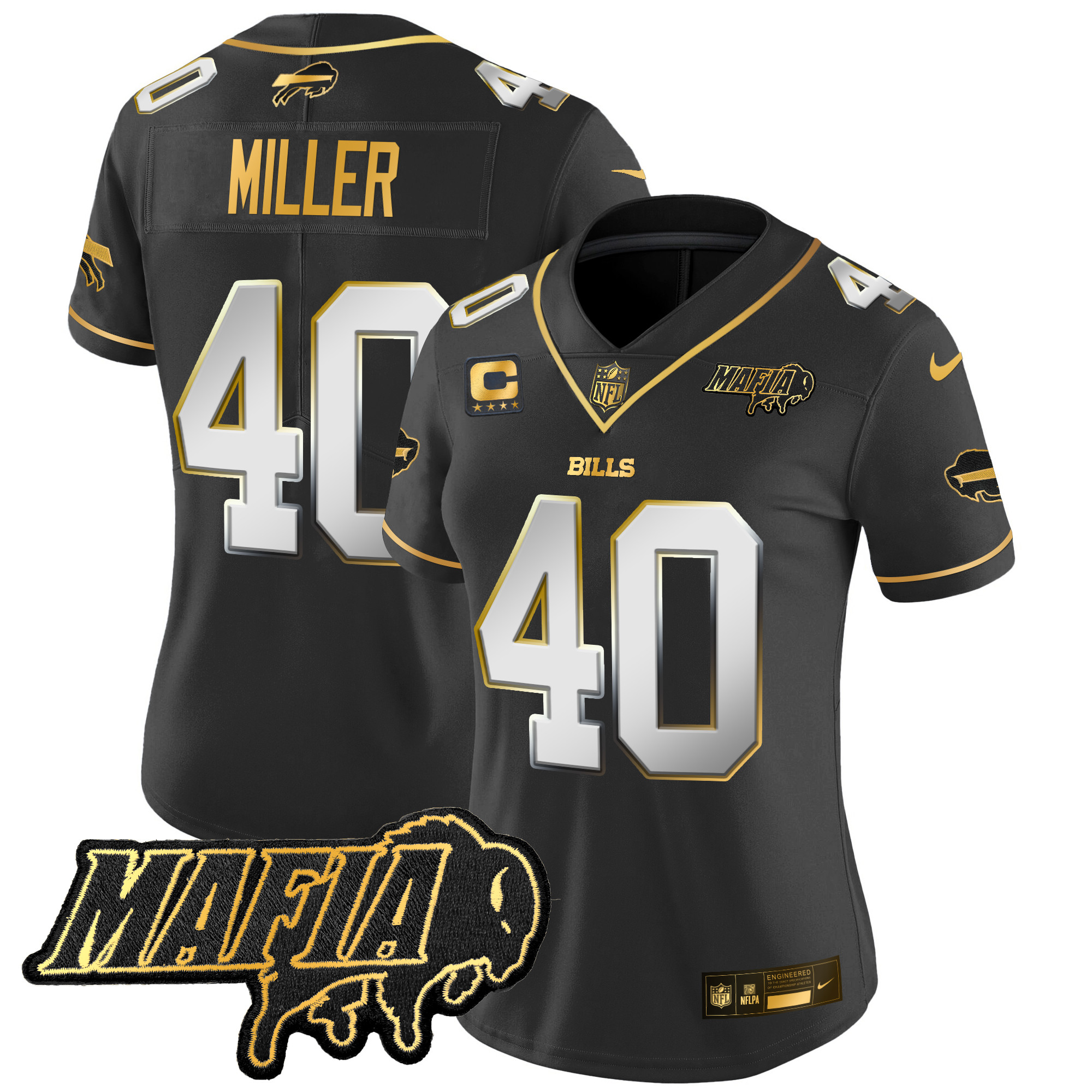 Women's Von Miller Buffalo Bills 2024 Buffalo Bills Mafia Patch Gold Vapor Limited Black Limited Jersey - All Stitched