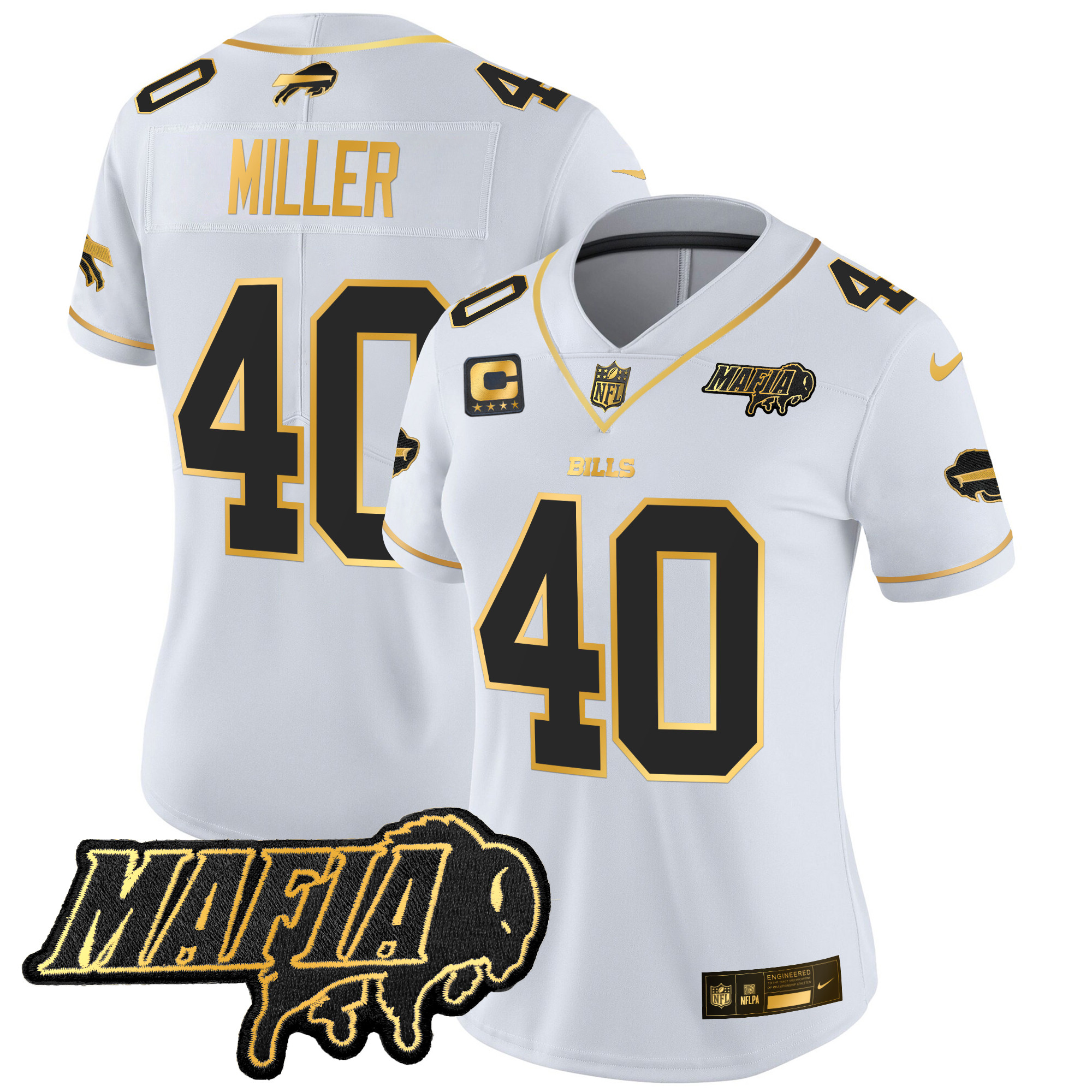 Women's Von Miller Buffalo Bills 2024 Buffalo Bills Mafia Patch Gold Vapor Limited White Gold Jersey - All Stitched
