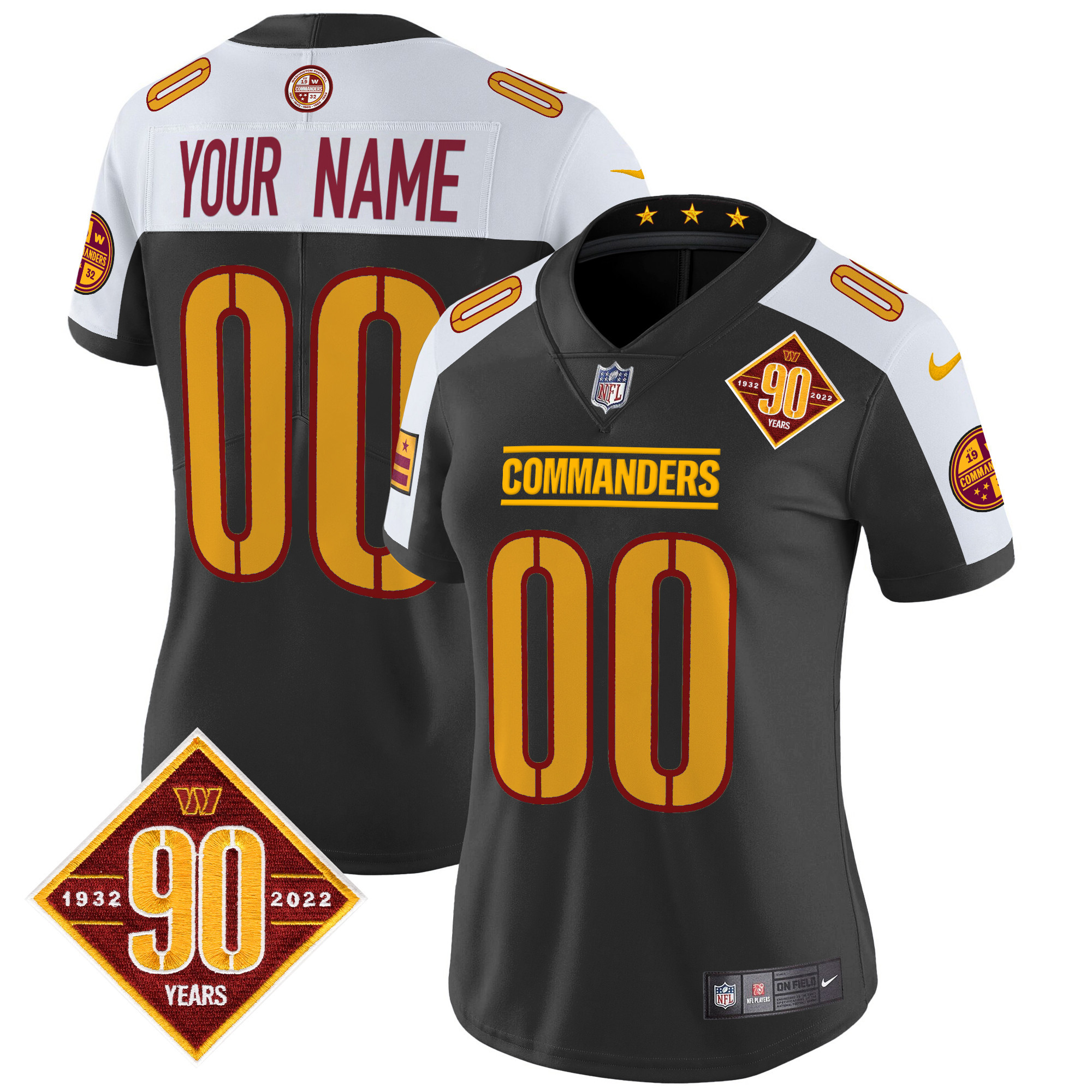 Women's Washington Commanders 90th Anniversary Patch Vapor Limited Custom Black Alternate Jersey - All Stitched