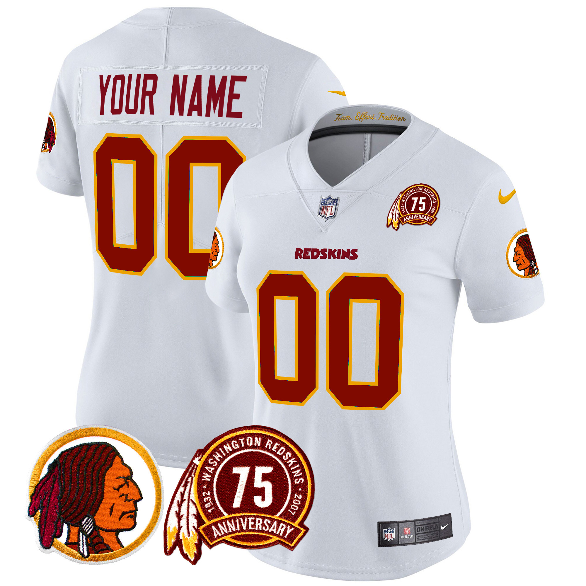 Women's Washington Redskins 75th Patch Throwback Vapor Limited Custom White Jersey - All Stitched