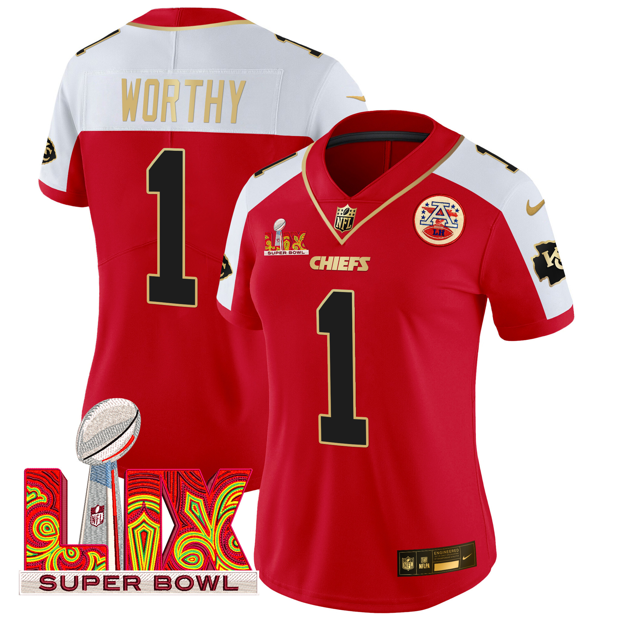 Women's Xavier Worthy Kansas City Chiefs Super Bowl LIX Patch Gold Trim Vapor Limited Red Alternate Jersey - All Stitched