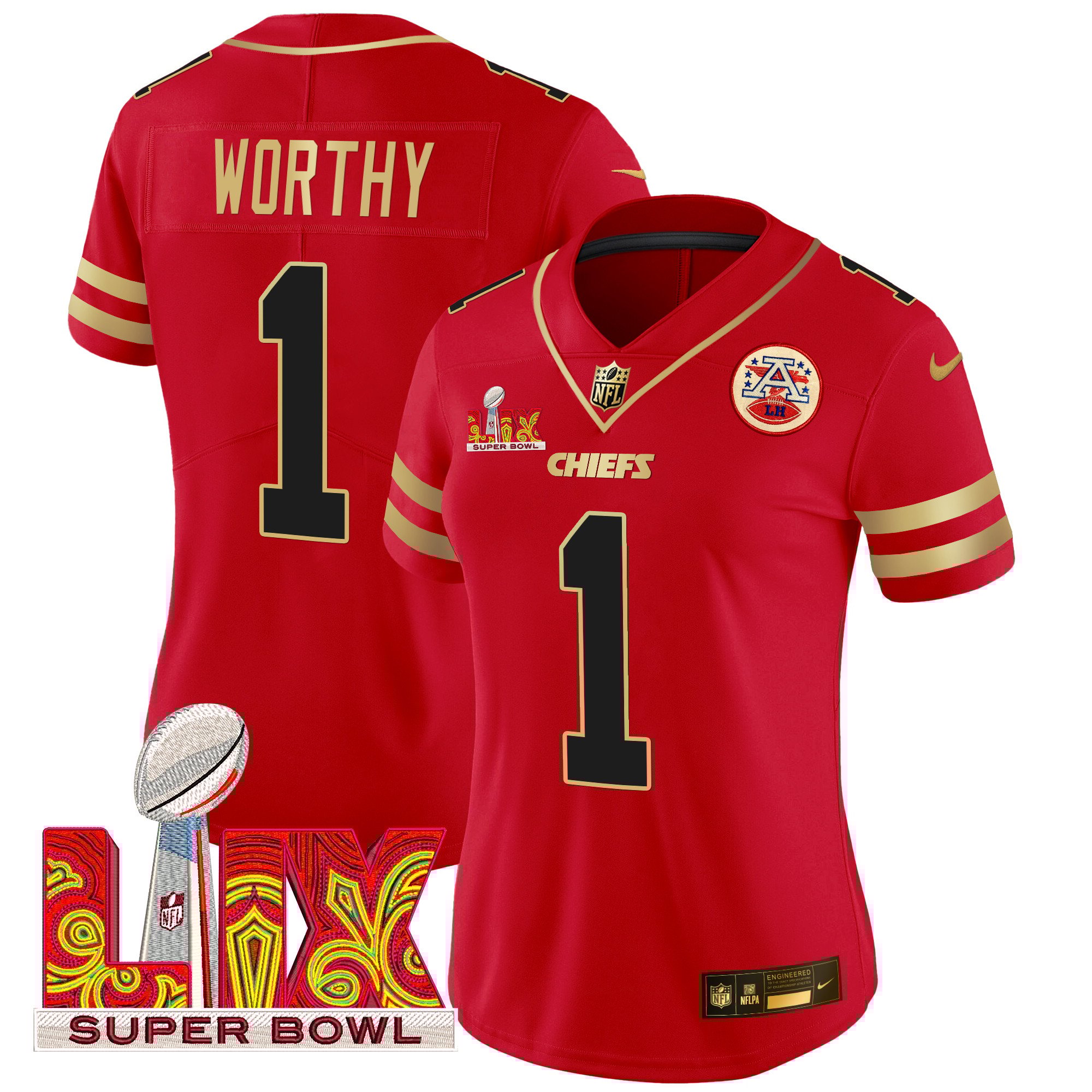 Women's Xavier Worthy Kansas City Chiefs Super Bowl LIX Patch Gold Trim Vapor Limited Red Jersey - All Stitched