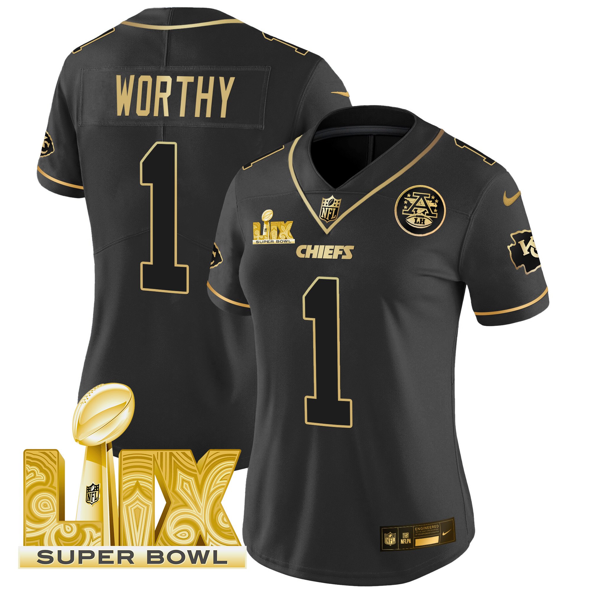 Women's Xavier Worthy Kansas City Chiefs Super Bowl LIX Patch Gold Vapor Limited Black Gold Jersey - All Stitched