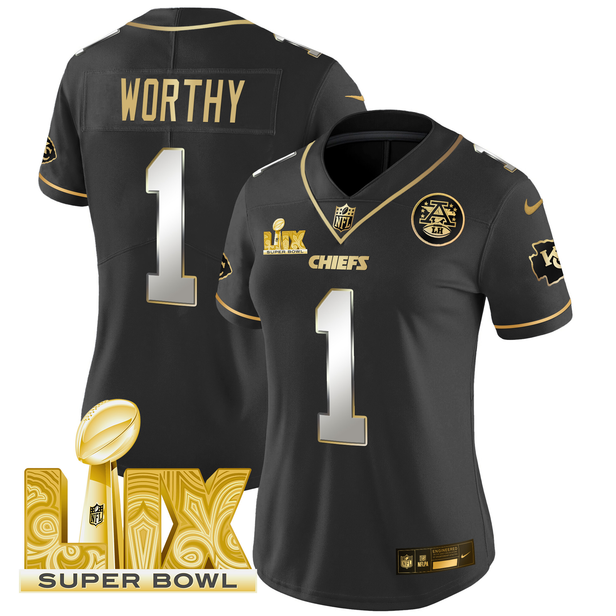 Women's Xavier Worthy Kansas City Chiefs Super Bowl LIX Patch Gold Vapor Limited Black Limited Jersey - All Stitched