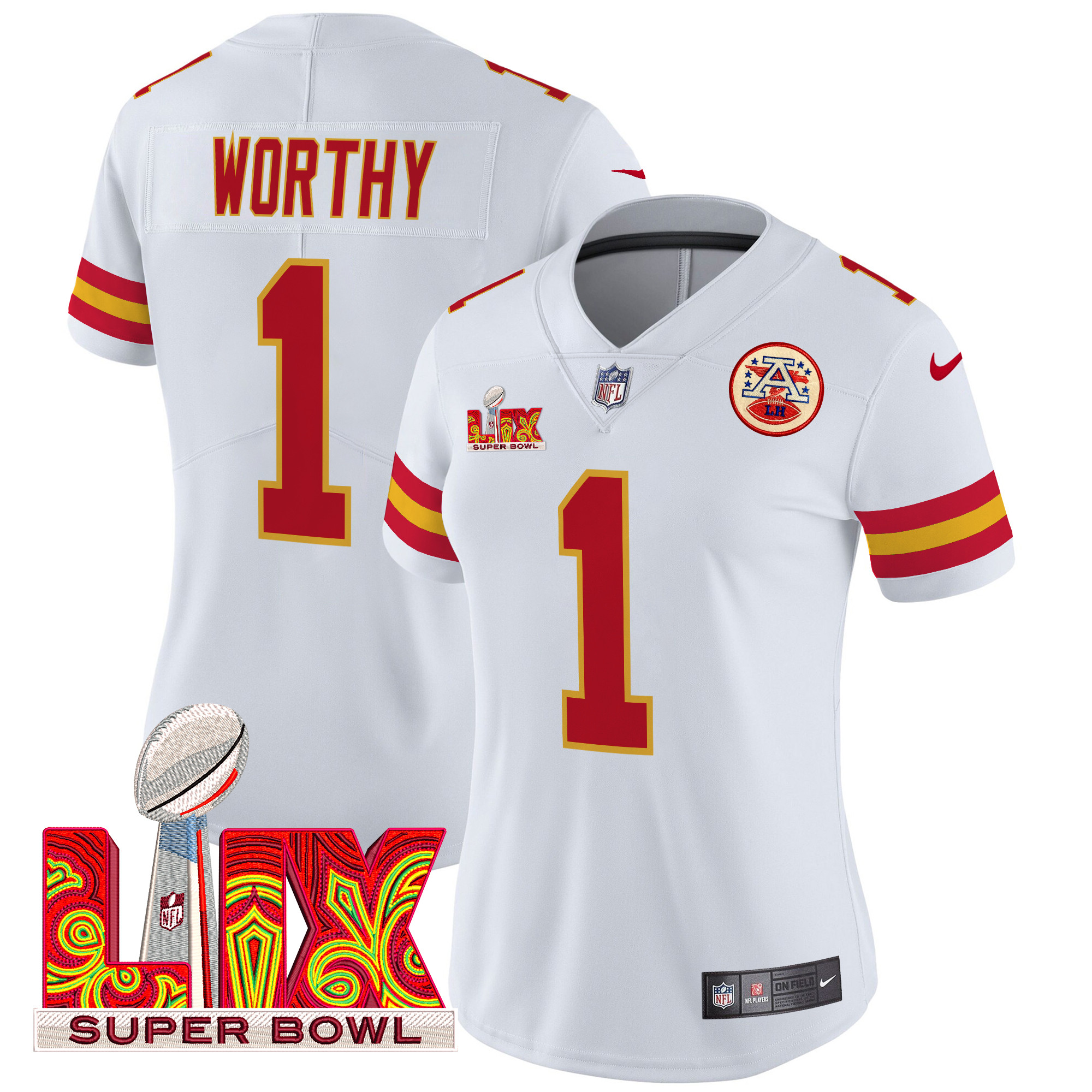Women's Xavier Worthy Kansas City Chiefs Super Bowl LIX Patch Vapor Limited White Jersey - All Stitched