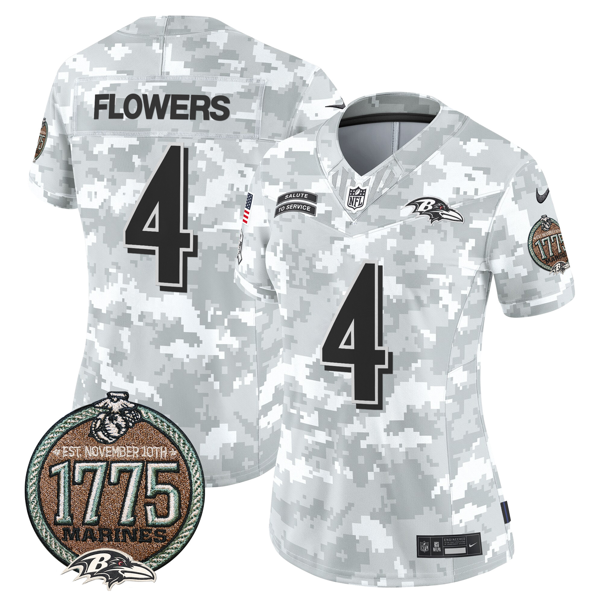 Women's Zay Flowers Baltimore Ravens 2024 Salute to Service Establishment Year Patch Vapor Limited Marines Jersey - All Stitched