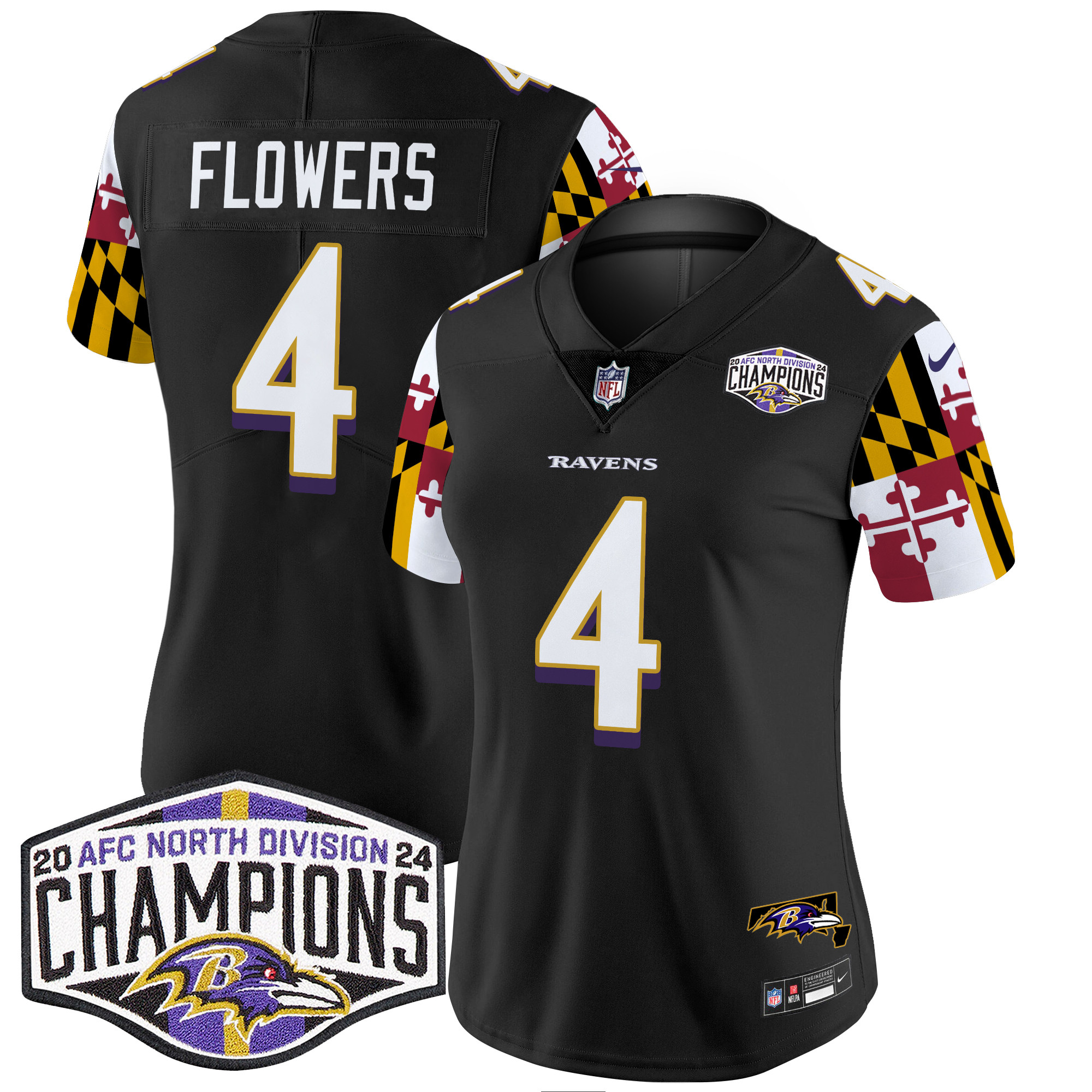 Women's Zay Flowers Baltimore Ravens Maryland Flag 2024 AFC North Division Champions Patch Vapor Limited Black Jersey - All Stitched