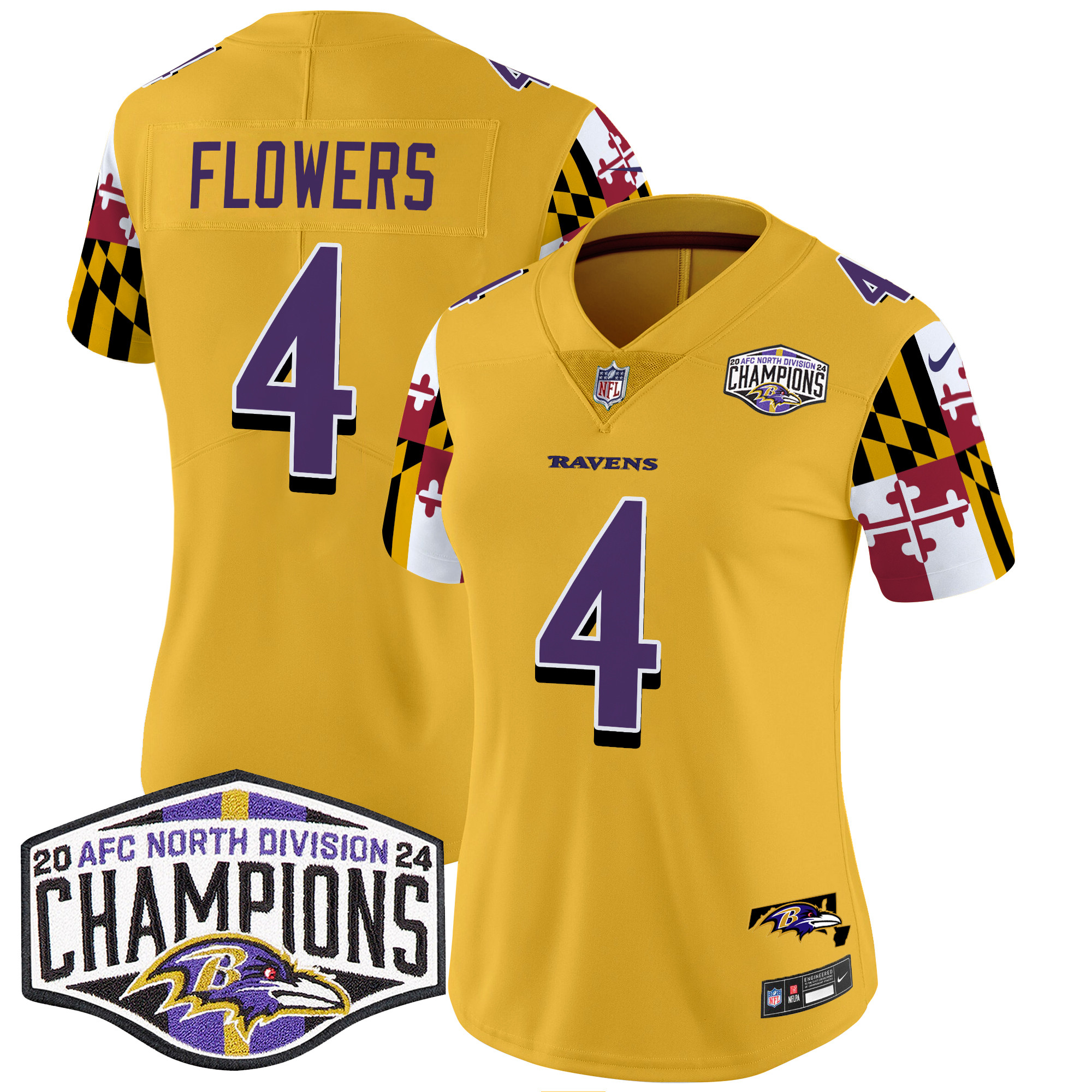 Women's Zay Flowers Baltimore Ravens Maryland Flag 2024 AFC North Division Champions Patch Vapor Limited Gold Jersey - All Stitched