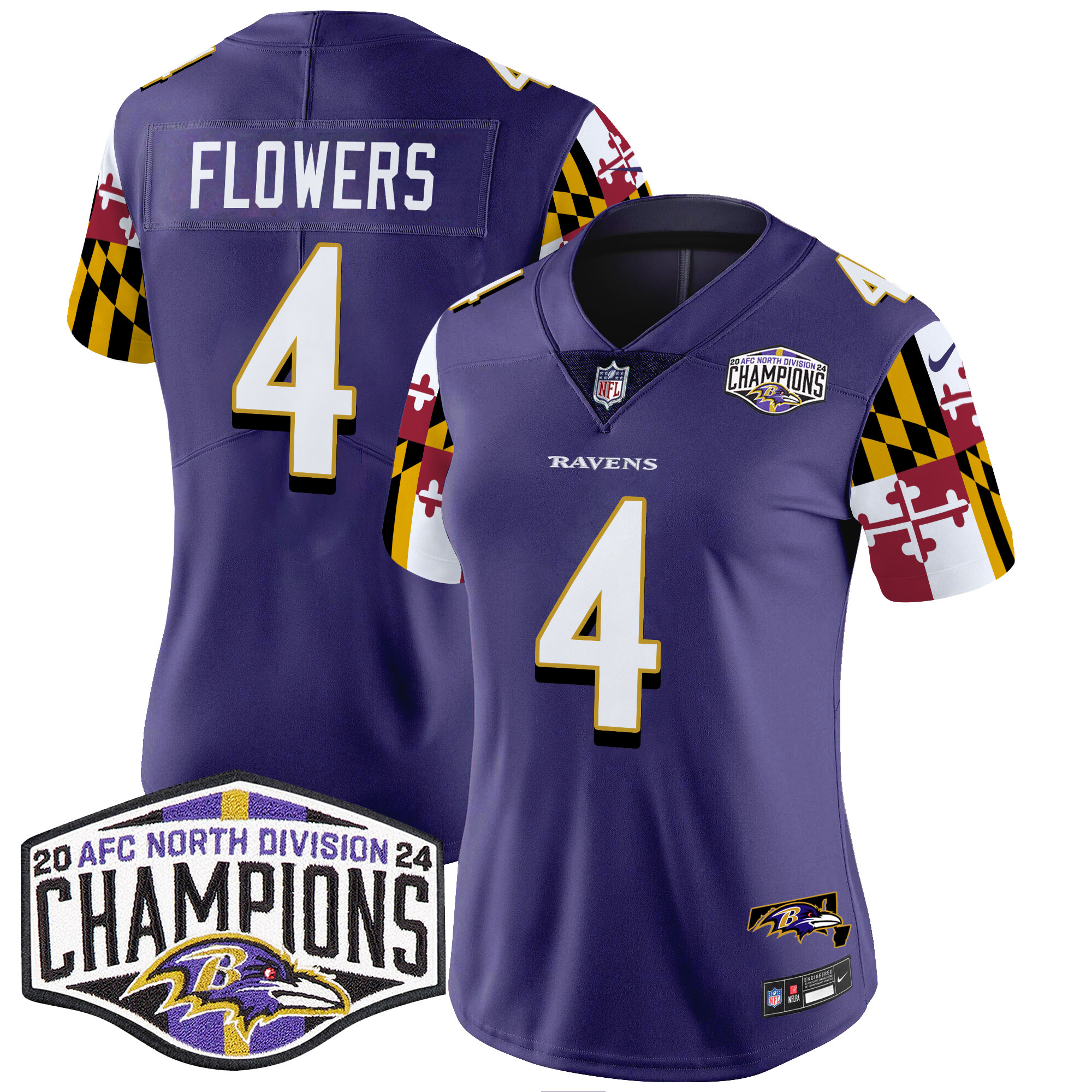 Women's Zay Flowers Baltimore Ravens Maryland Flag 2024 AFC North Division Champions Patch Vapor Limited Purple Jersey - All Stitched