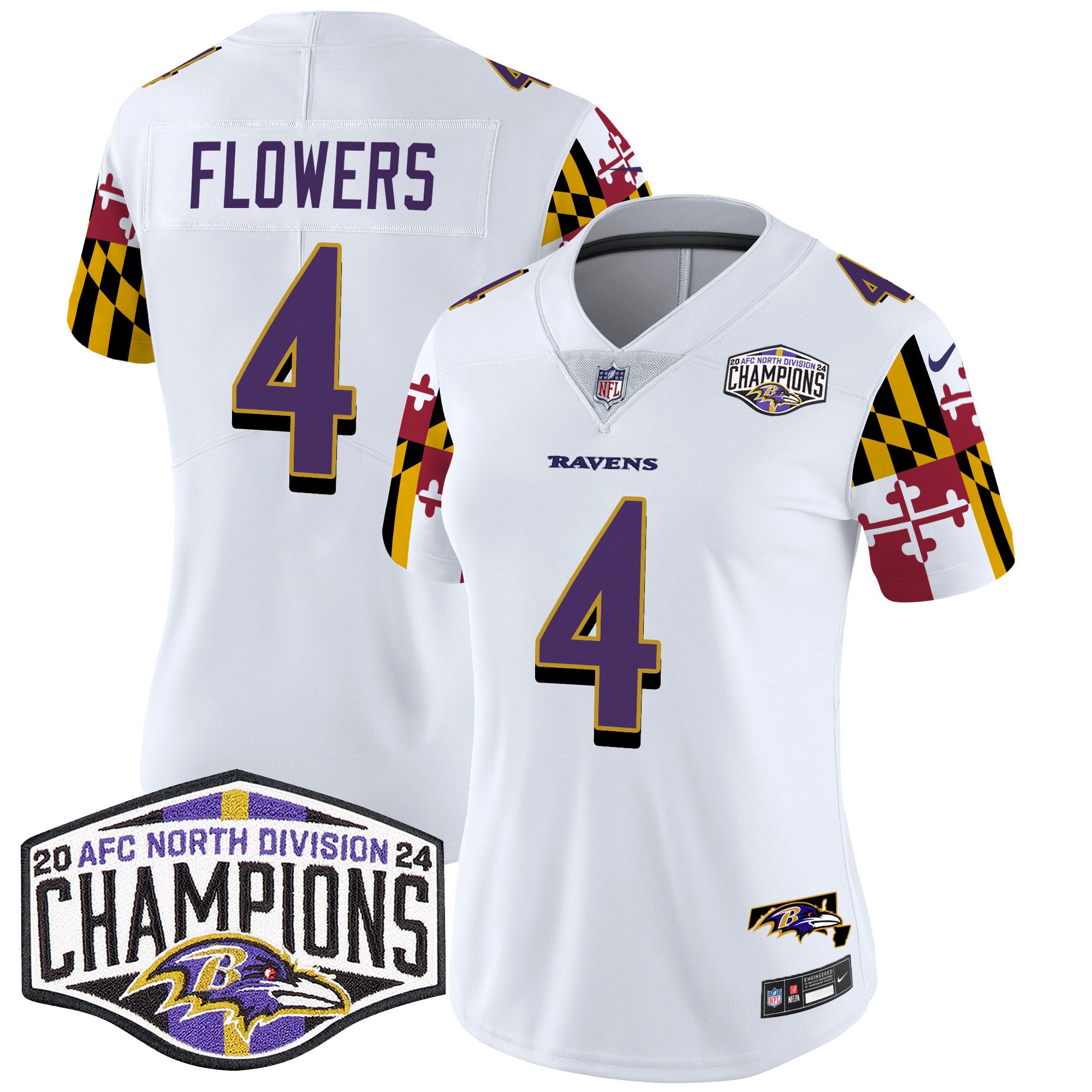 Women's Zay Flowers Baltimore Ravens Maryland Flag 2024 AFC North Division Champions Patch Vapor Limited White Jersey - All Stitched