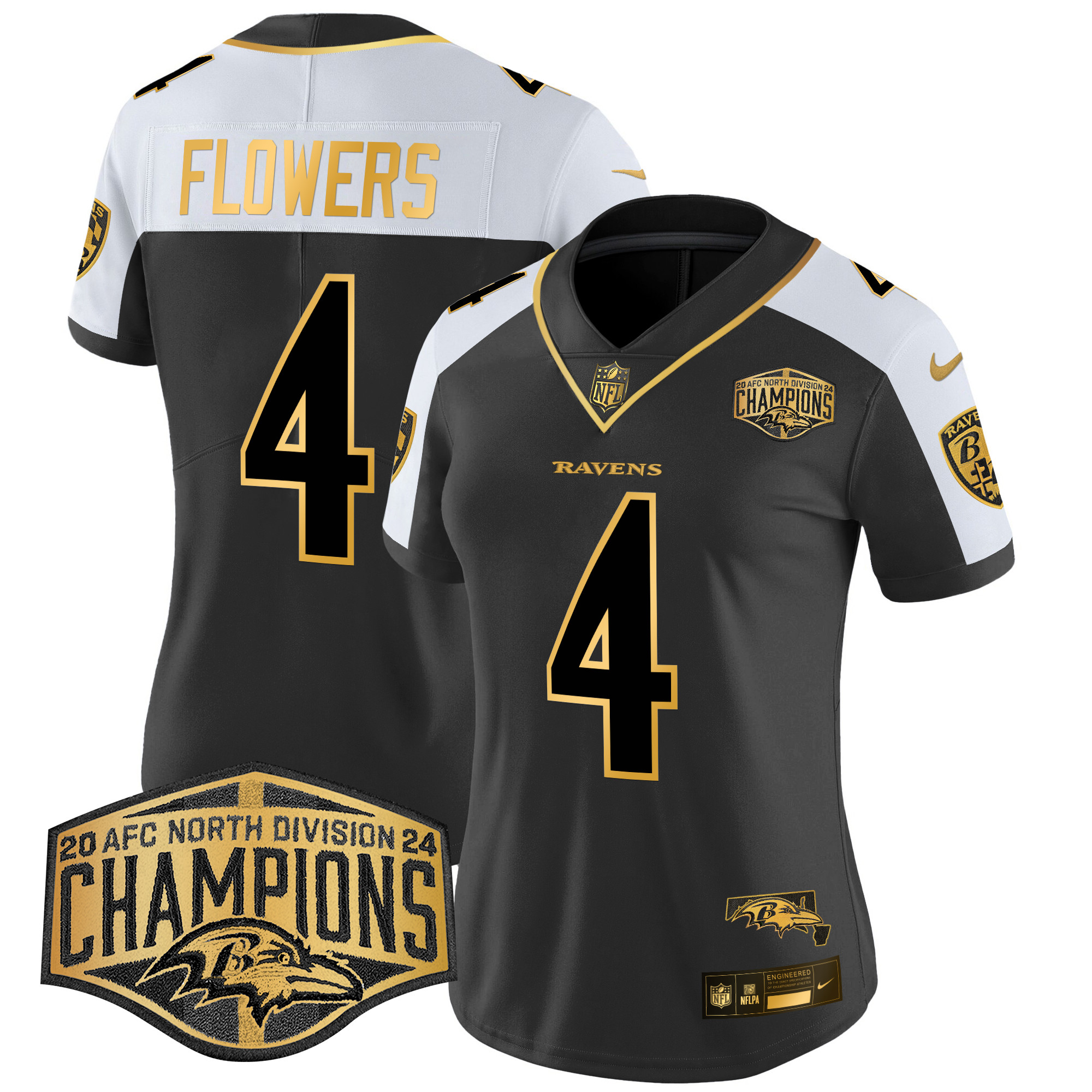 Women's Zay Flowers Baltimore Ravens Maryland Flag Map 2024 AFC North Division Champions Patch Gold Vapor Limited Alternate Jersey - All Stitched
