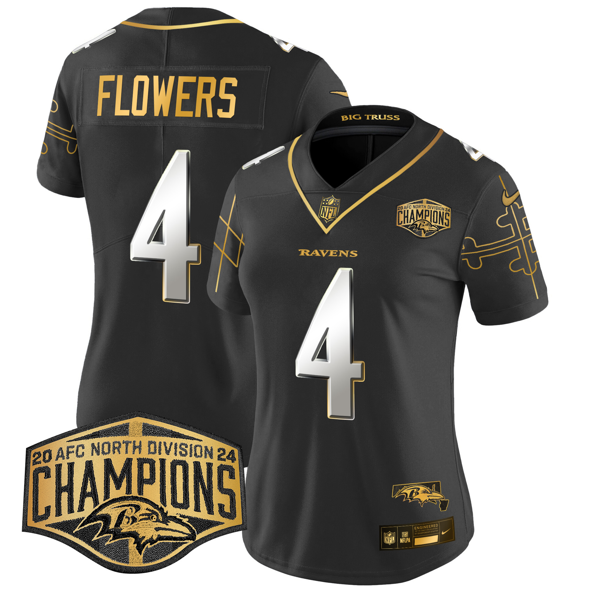 Women's Zay Flowers Baltimore Ravens Maryland Flag Map 2024 AFC North Division Champions Patch Gold Vapor Limited Black Limited Jersey - All Stitched