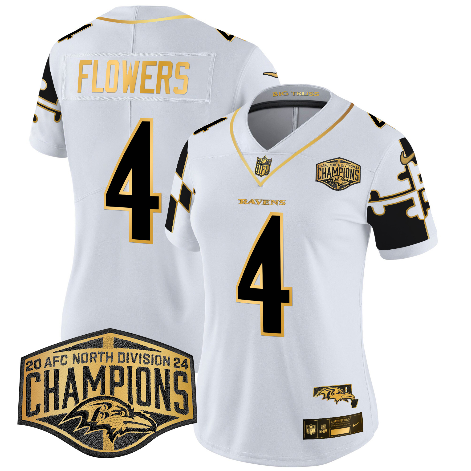 Women's Zay Flowers Baltimore Ravens Maryland Flag Map 2024 AFC North Division Champions Patch Gold Vapor Limited White Gold Jersey - All Stitched