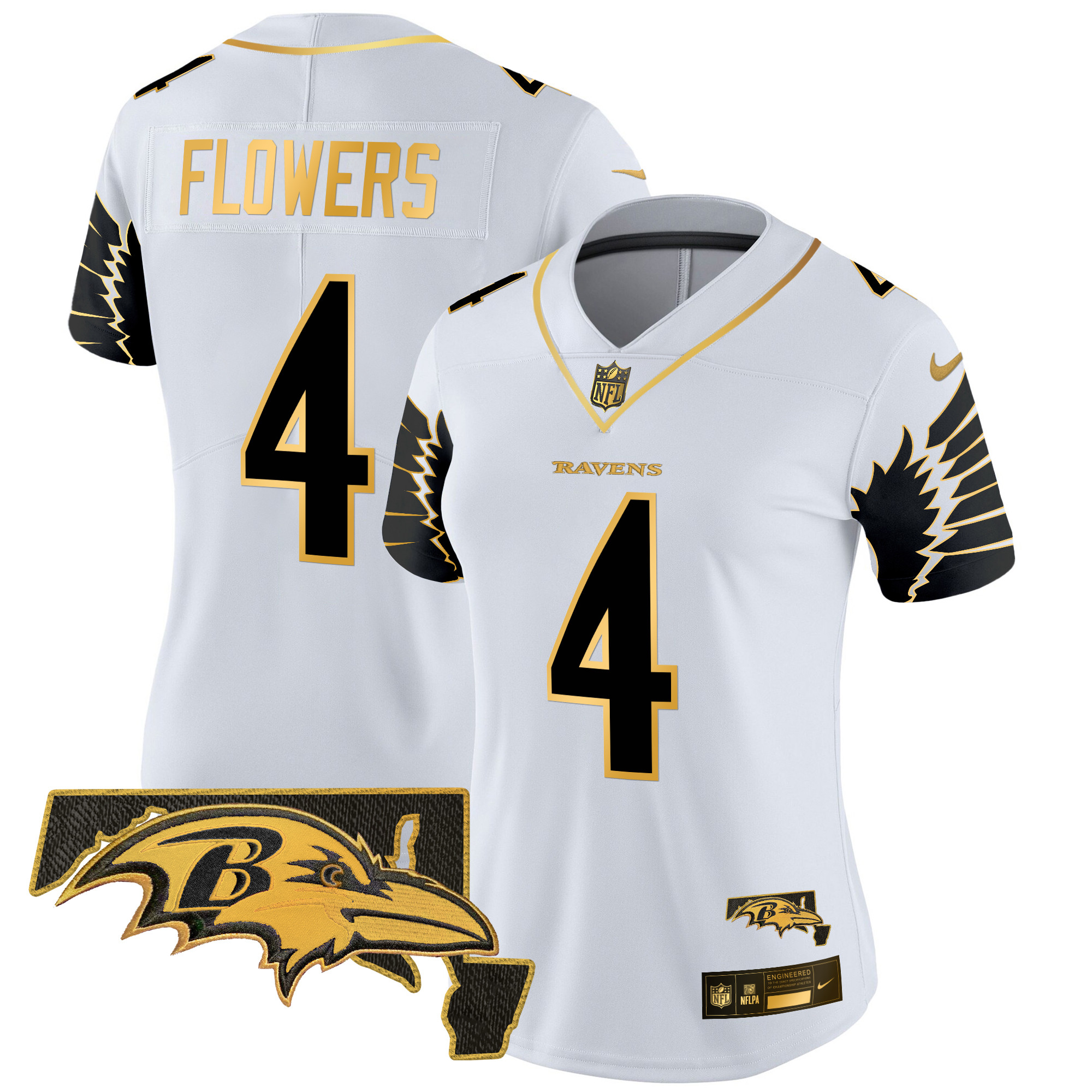 Women's Zay Flowers Baltimore Ravens Maryland Patch Gold Vapor Limited White Gold Jersey - All Stitched