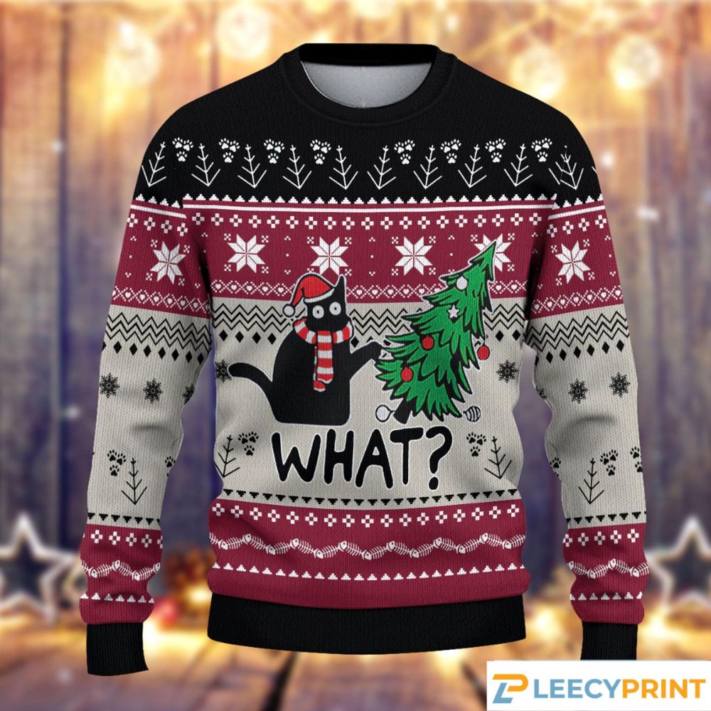 Xmas Tree Santa Black Cat Christmas Sweater
