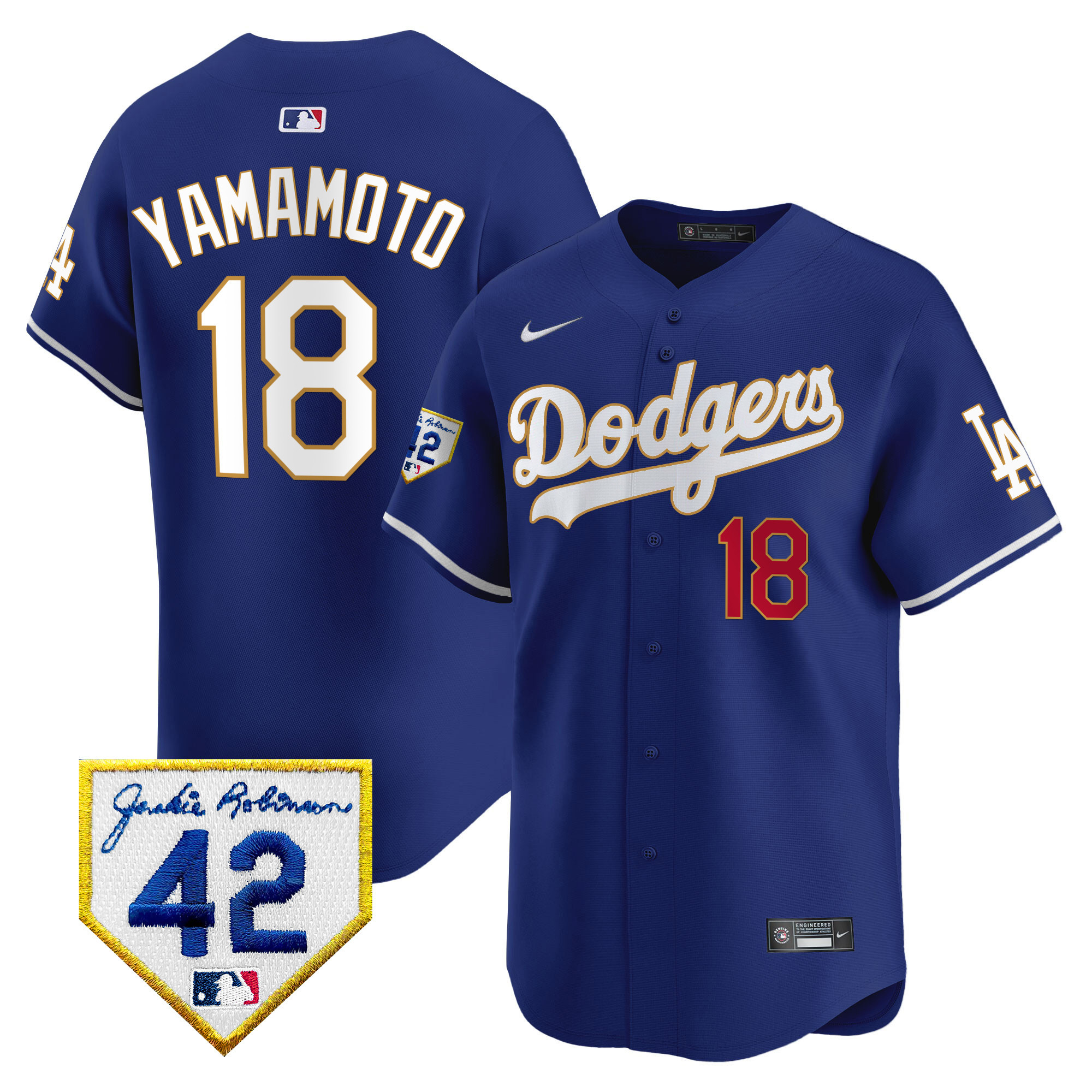 Yamamoto Men's Los Angeles Dodgers 2024 Jackie Robinson Patch Vapor Premier Limited Royal Jersey - All Stitched
