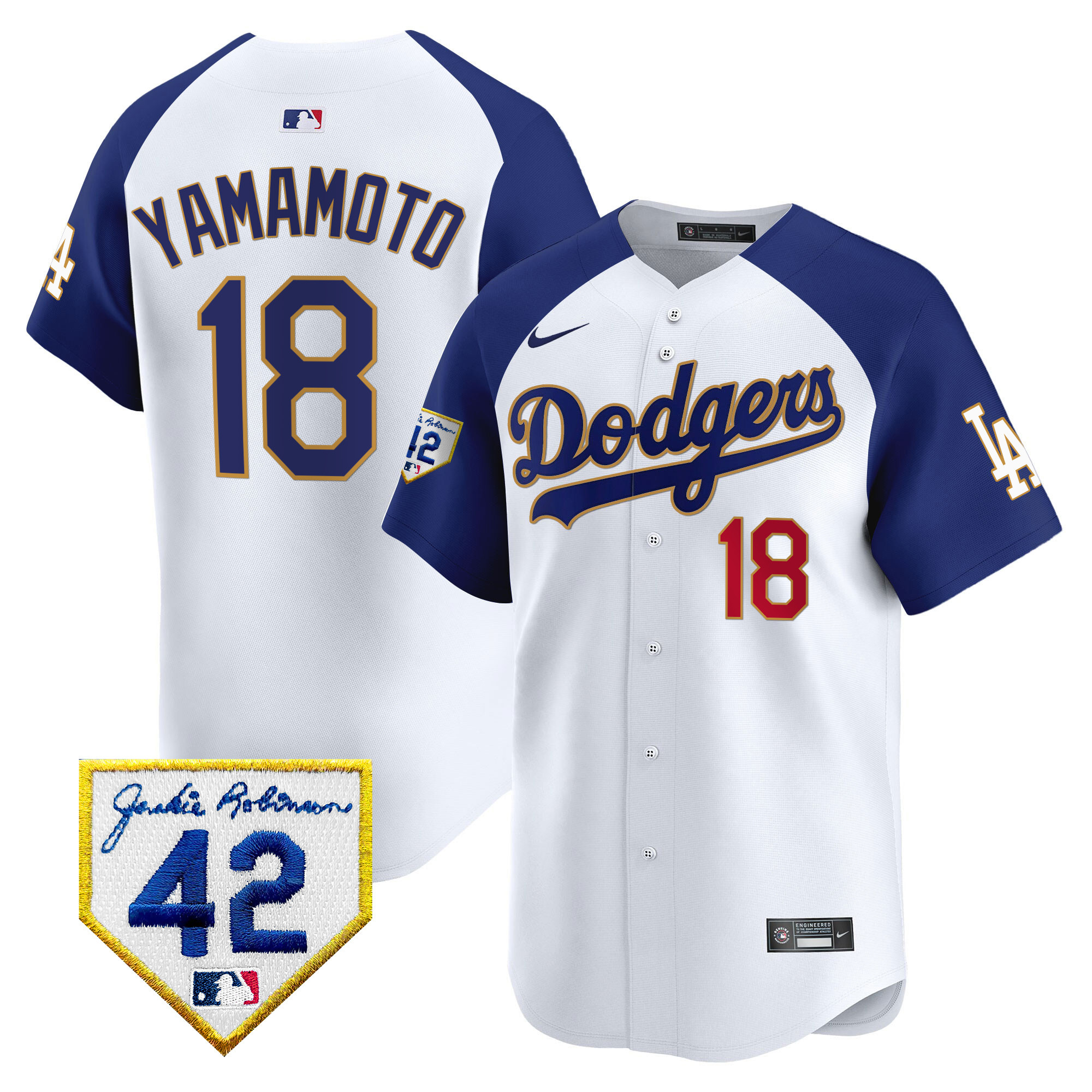 Yamamoto Men's Los Angeles Dodgers 2024 Jackie Robinson Patch Vapor Premier Limited White Alternate Jersey - All Stitched