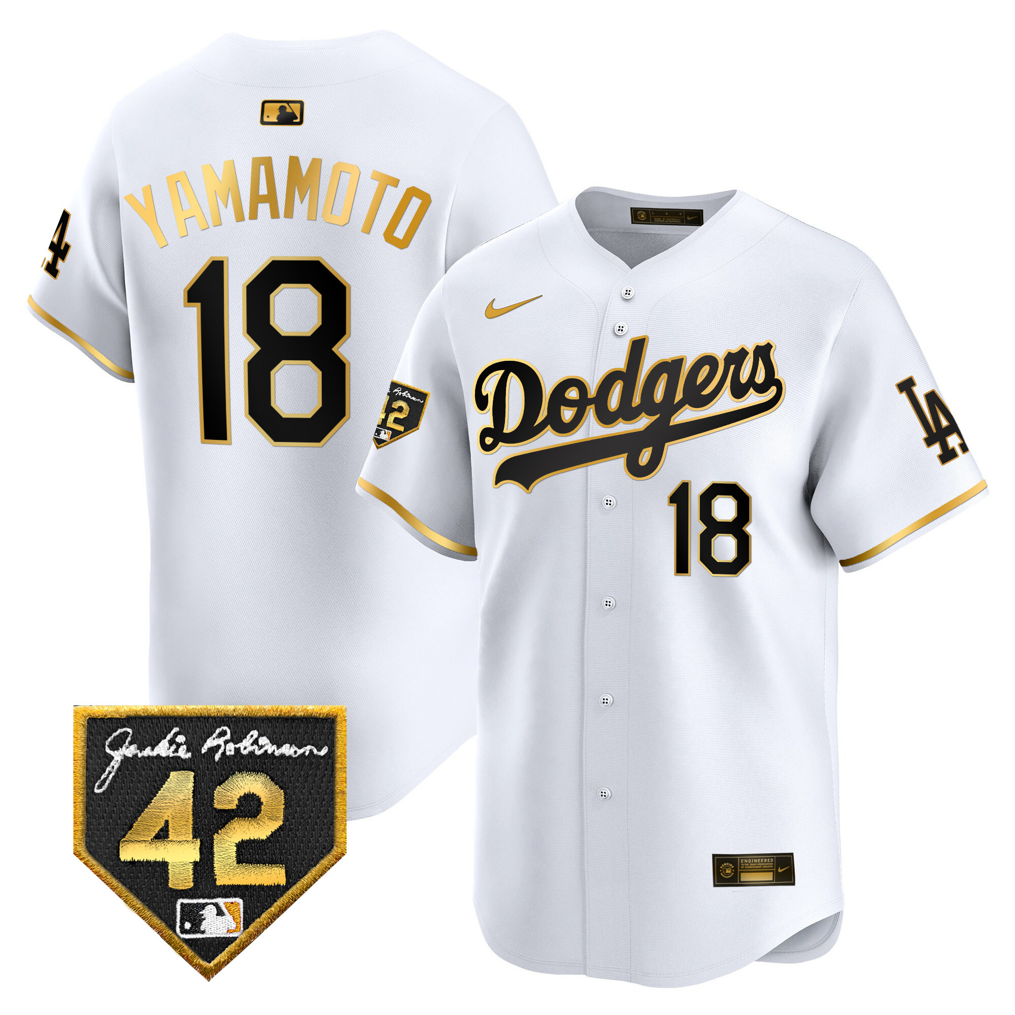 Yamamoto Men's Los Angeles Dodgers 2024 Jackie Robinson Patch Vapor Premier Limited White Gold Jersey - All Stitched