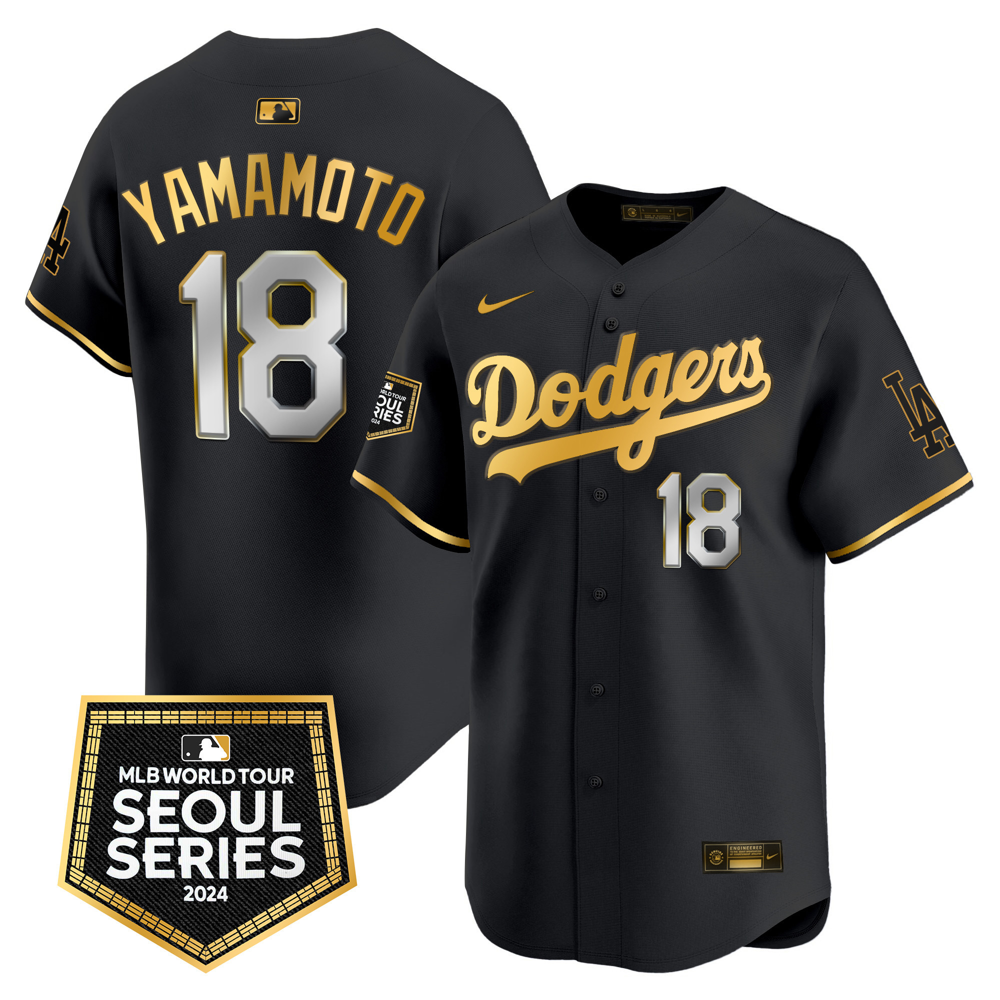 Yamamoto Men's Los Angeles Dodgers 2024 World Tour Seoul Series Patch Vapor Premier Limited Black Gold Jersey - All Stitched